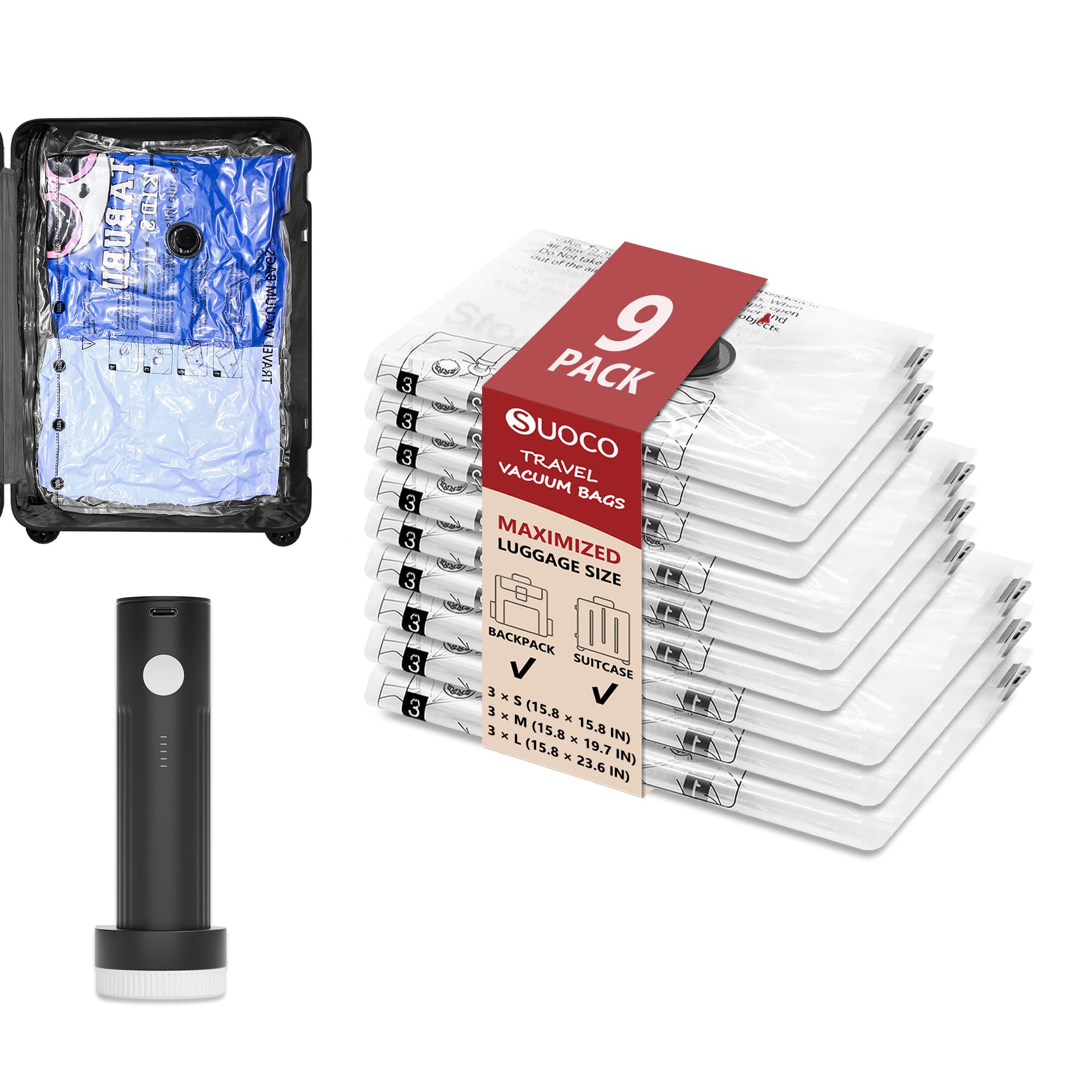 Travel Vacuum Bags for Clothing with Rechargeable Electric Pump, Compression Packing Cubes Organizer Storage for Luggage Suitcase, Space Saver Seal