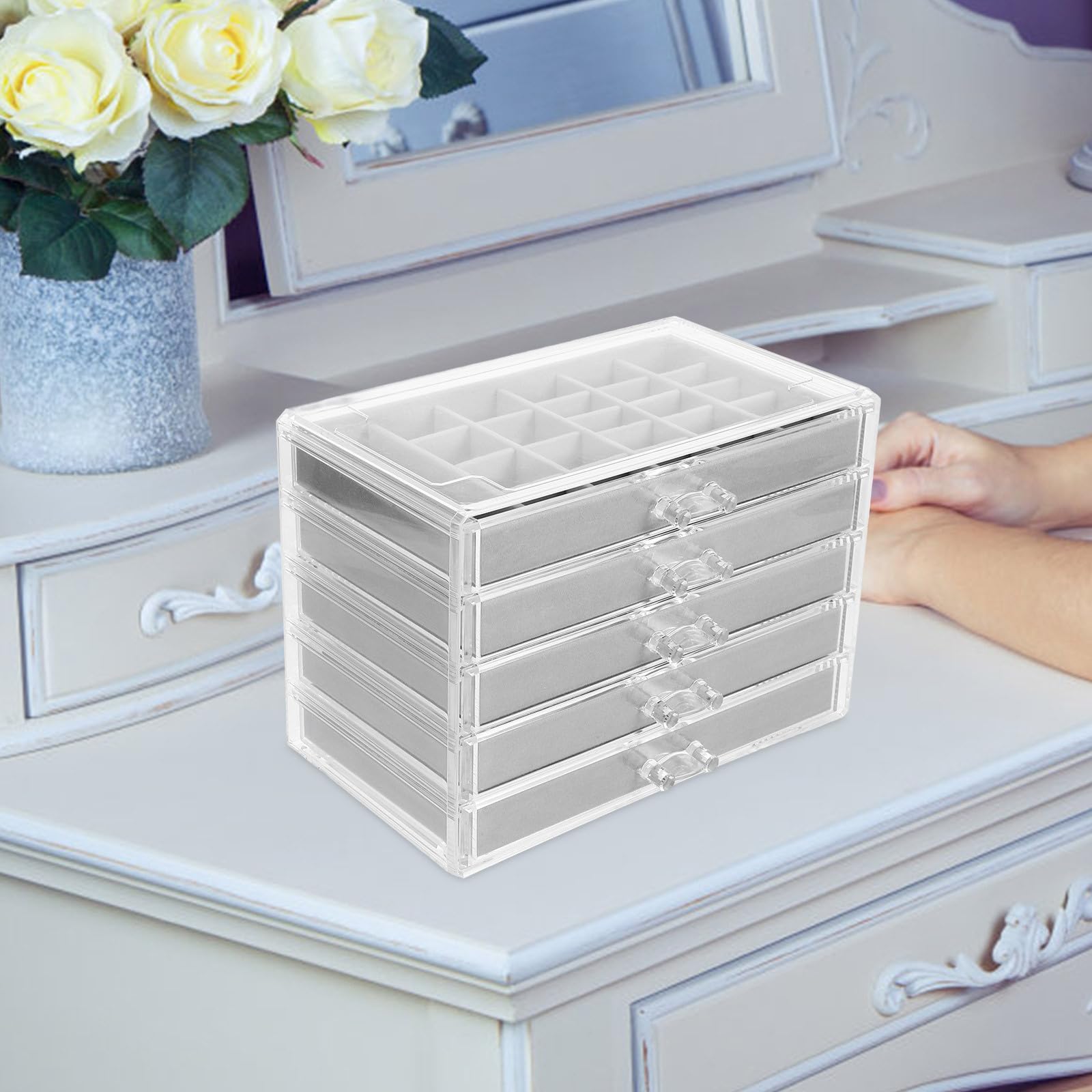 Organizador de Joyas y Diseño Multilayer con 5 Cajones de Acrílico Bandeja para Joyas Almacenamiento Multifuncional para Cajones para Escritorio Elegante