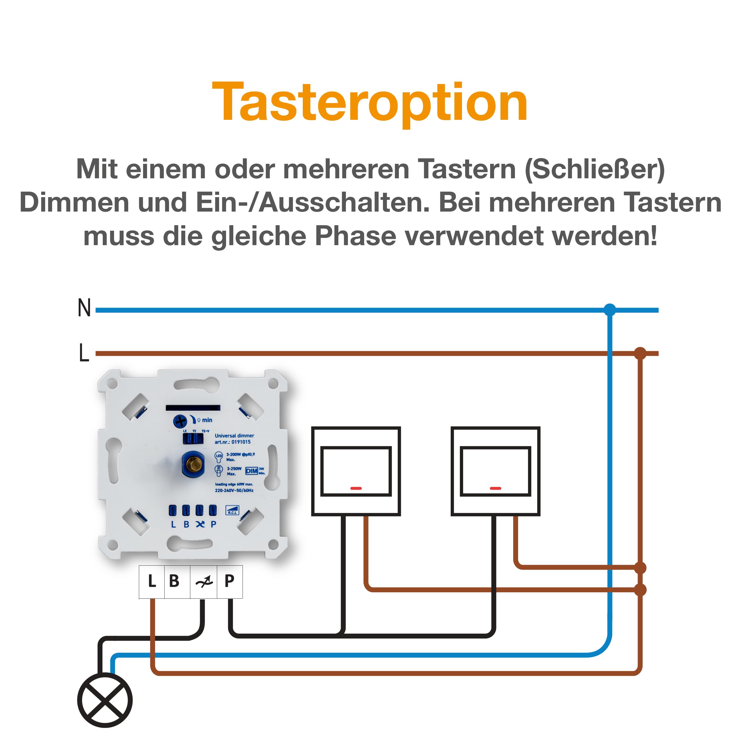 LED-Dimmer 3-250W Digital, nur 16 mm Einbautiefe, UP-Drehdimmer zum Dimmen von LED und Halogen 3-250 W kompatibel mit Busch-Jaeger, Gira, Kopp, Merten, Jung, Berker, Phasenanschnitt Phasenabschnitt