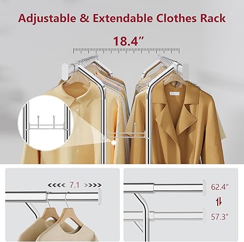 Miniatura 3 de Tajsoon Perchero de doble barra de 480 libras, perchero resistente con ruedas, perchero plegable para colgar ropa, estante comercial con estante,