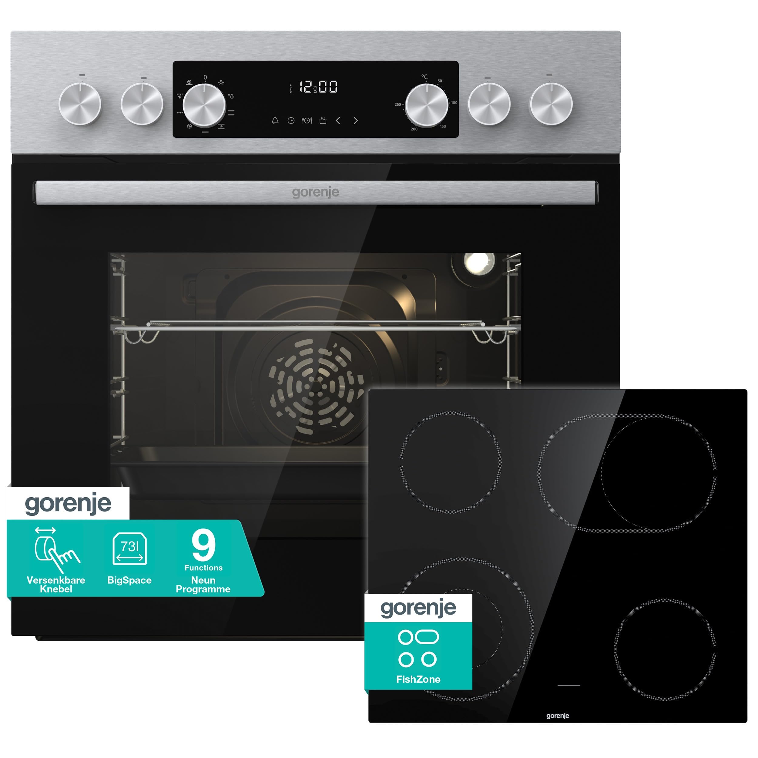 Gorenje Einbau-Herd-Set Inox Air Set mit Glaskeramik-Kochfeld, Heißluft, 73 Liter, 250° max. Ofentemperatur, MultiAir Technologie, 9 Funktionen, Bräterzone, Mininmale Einbaunische (HxBxT): 60x56x58cm