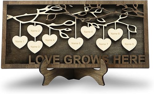 Miniatura 1 de Jeweidea Letrero familiar personalizado con 2-9 nombres, marco de madera personalizado del árbol de la vida, placas de madera grabadas, decoración