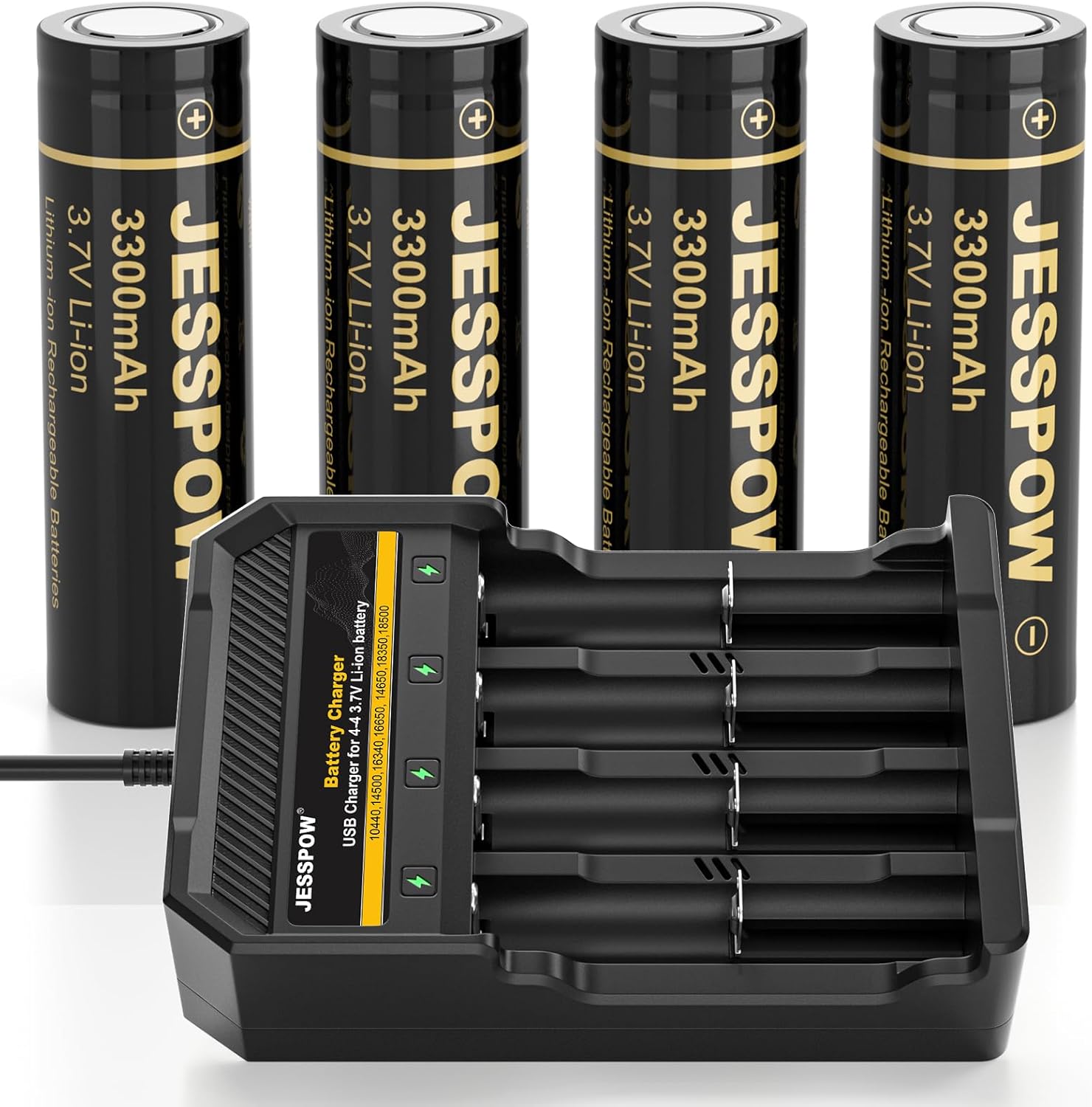 4-Slot 18650 Battery Charger Set 4pcs 3300mAh Flat Top, Universal 3.7V Li-ion Batteries Charger for 18650 16340 18500 14500(No Suitable for nimh & 1.5V Batteries)