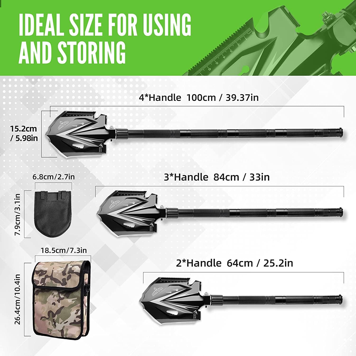 Zune Lotoo Survival Schaufel, 18 in 1 Kleine Camping Spaten Klappbar aus Kohlenstoffstahl, Kompakte Klappspaten Outdoor mit 3 Winkel Verstellbare für Offroad Camping Survival Wandern Garten
