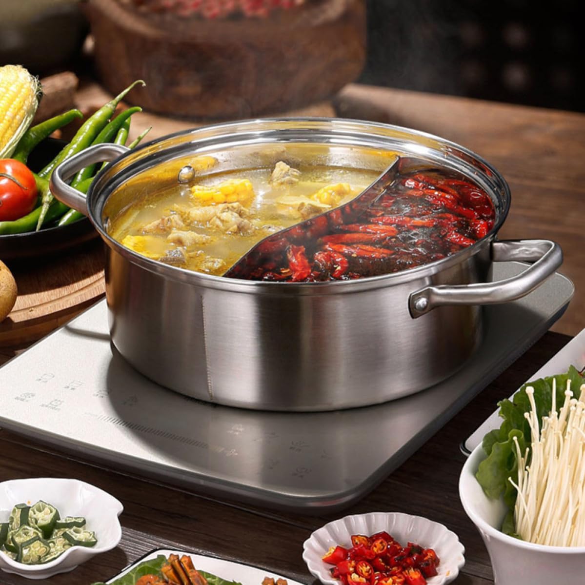 Gadpiparty Stainless Steel Two Flavor Hot Pot with Lid and Divider, Sturdy Shabu Pot with Vacuum Anti-scalding Handle, Tempered Glass Cover, Suitable for Stoves and Household Kitchenware