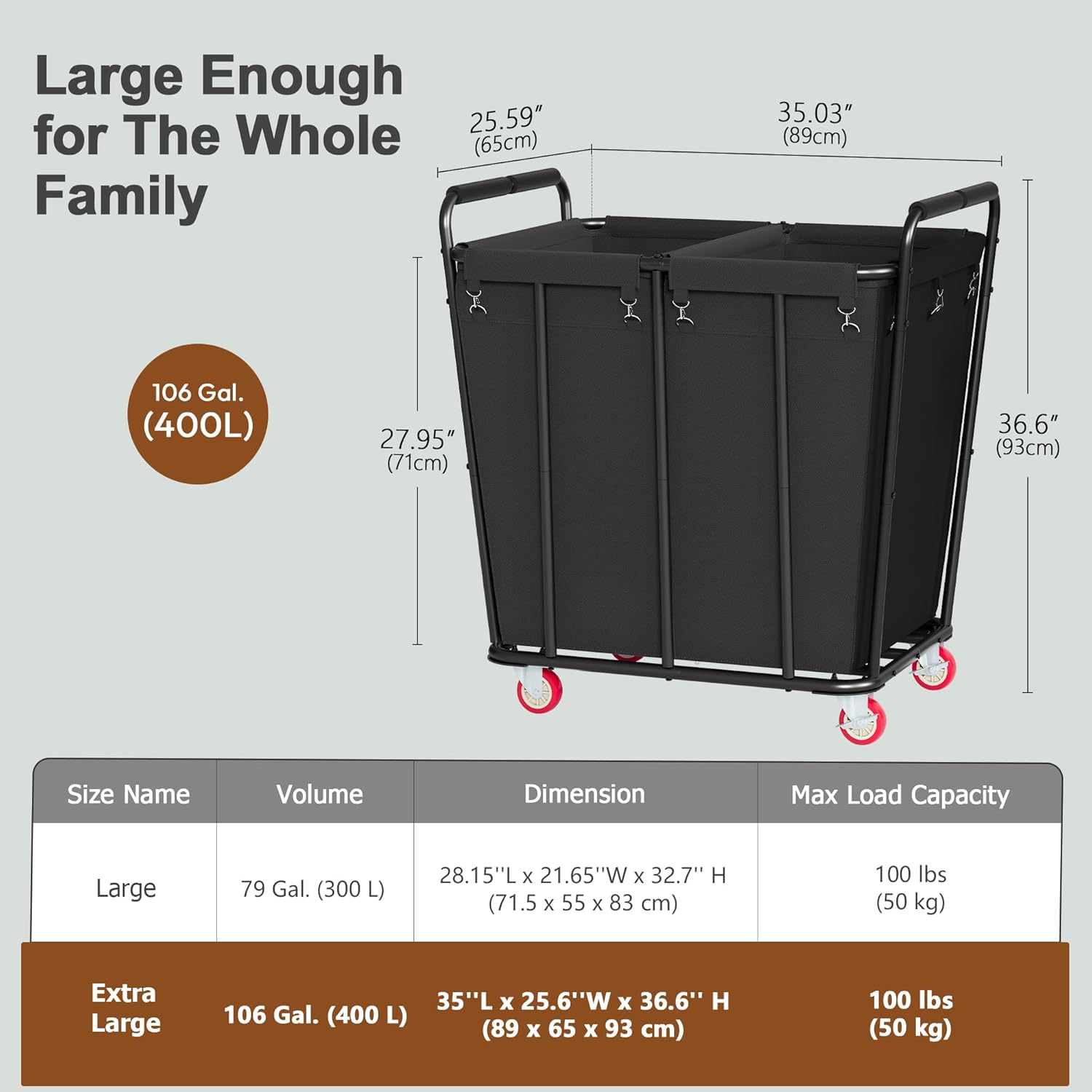 Hoctieon 400L Laundry Basket with Wheels, 2 Section Large Laundry Cart and One Extra Replacement Bag, Black