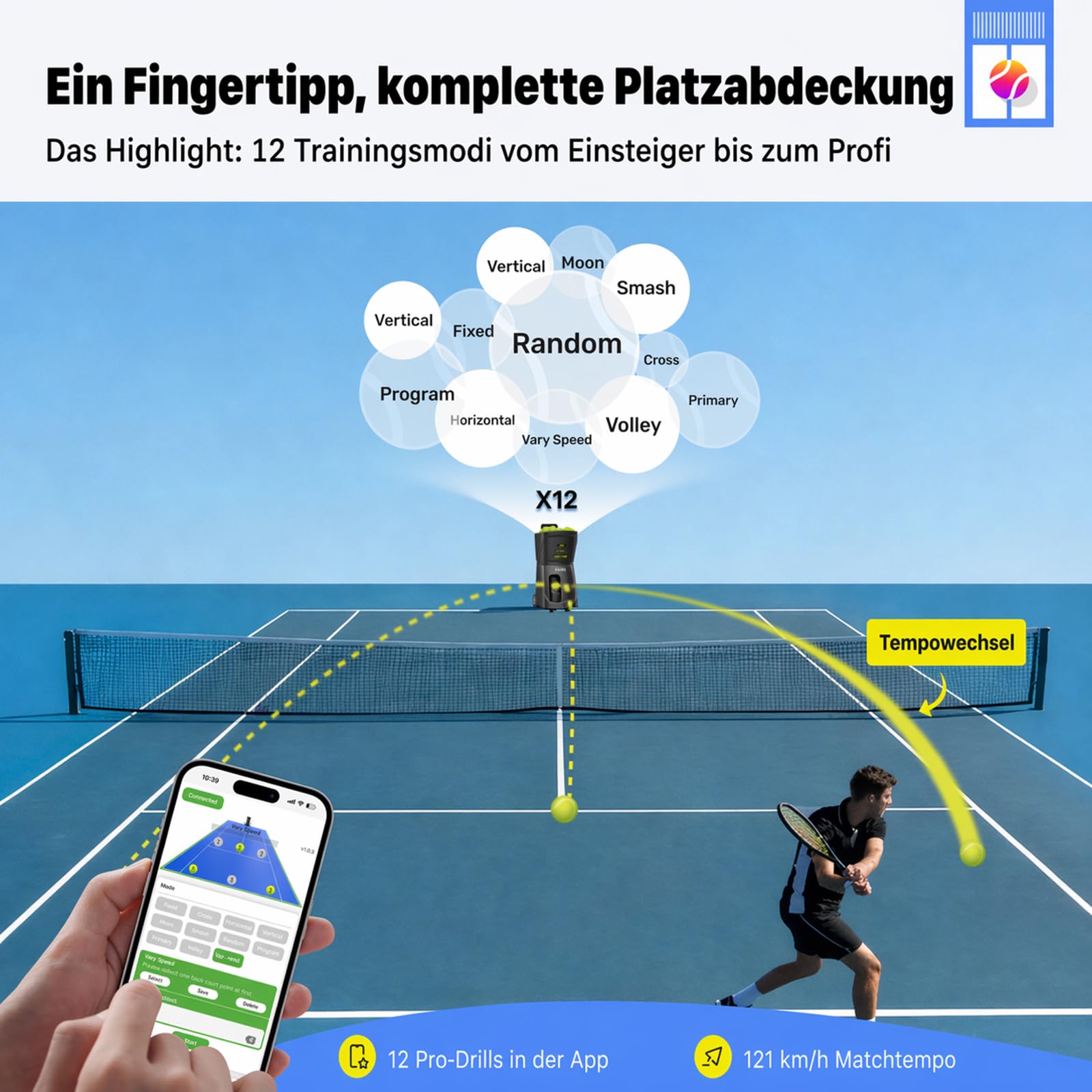 PUSUN PT-Smart Tennis & Padel Ballmaschine | App-Steuerung, 120 km/h, 14,8 kg, 5h Akku, 12 Modi, 6 Spin-Stufen, 28 Punkte, 100+ Bälle, Portabel für Training vom Anfänger bis Profi