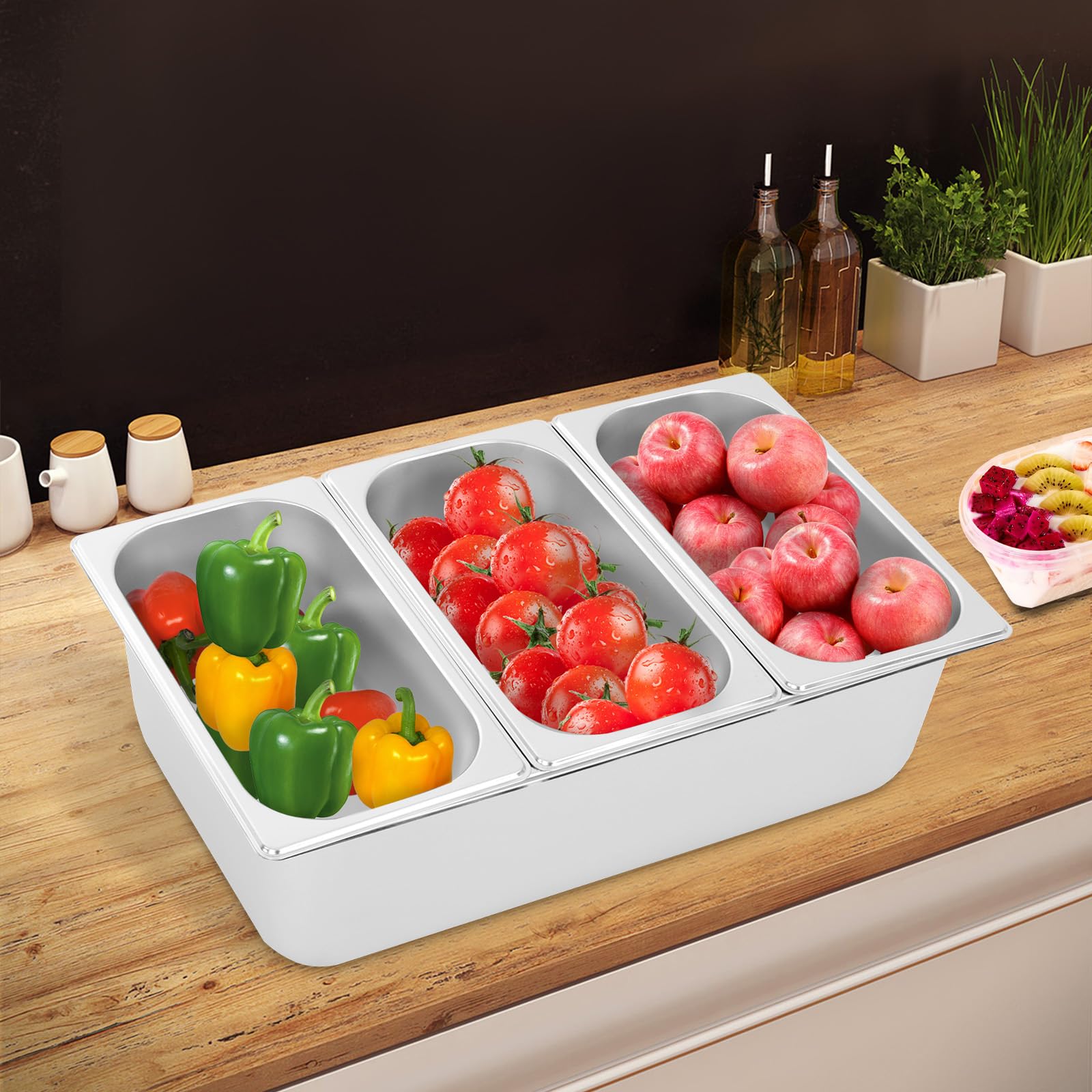 LEYSRIS Countertop Food Serving Display Container, 3 Pan Stainless Steel Food Serving Tray Detachable Food Storage Container, Buffet Condiment Dispenser Display Rack (3.31Qt/Each Pan)