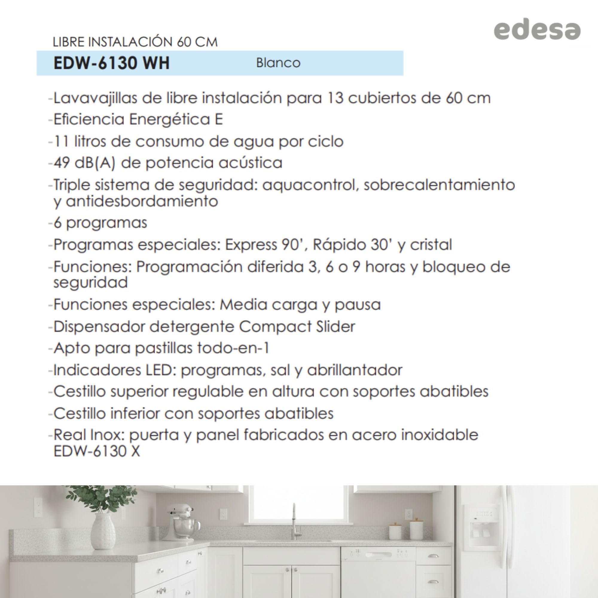 Edesa Lavavajillas de Libre Instalación, EDW-6130 WH, Ancho de 60 cm, 6 Programas, Clase de Eficiencia Energética E, Color Blanco