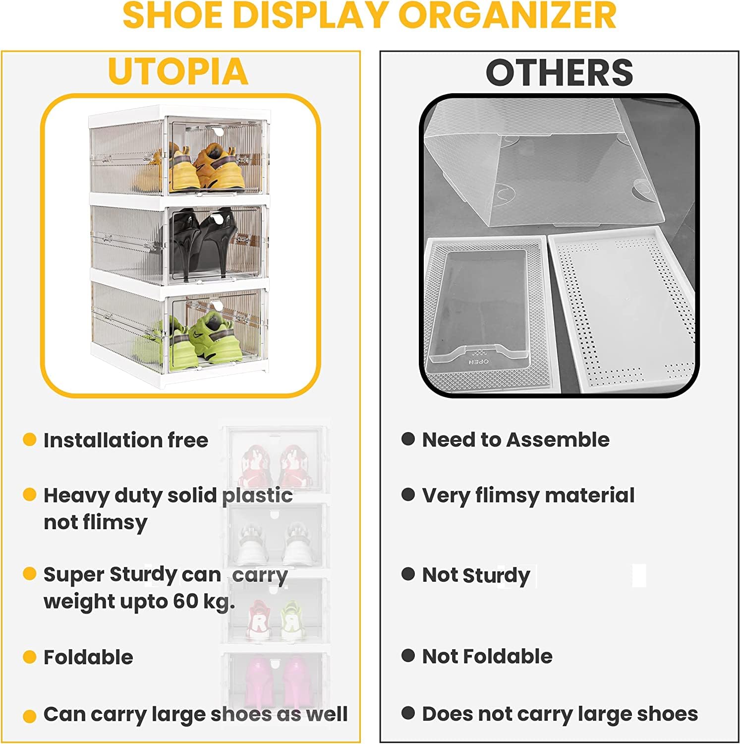 LOOKMINT Shoe Organizer Boxes Foldable Pack of 3 Stackable Shoe Boxes Clear Shoe Containers Versatile Narrow Shoe Rack for Sneakers Transparent Plastic Fit Up to US Size 12, Easy Assembly, White 3