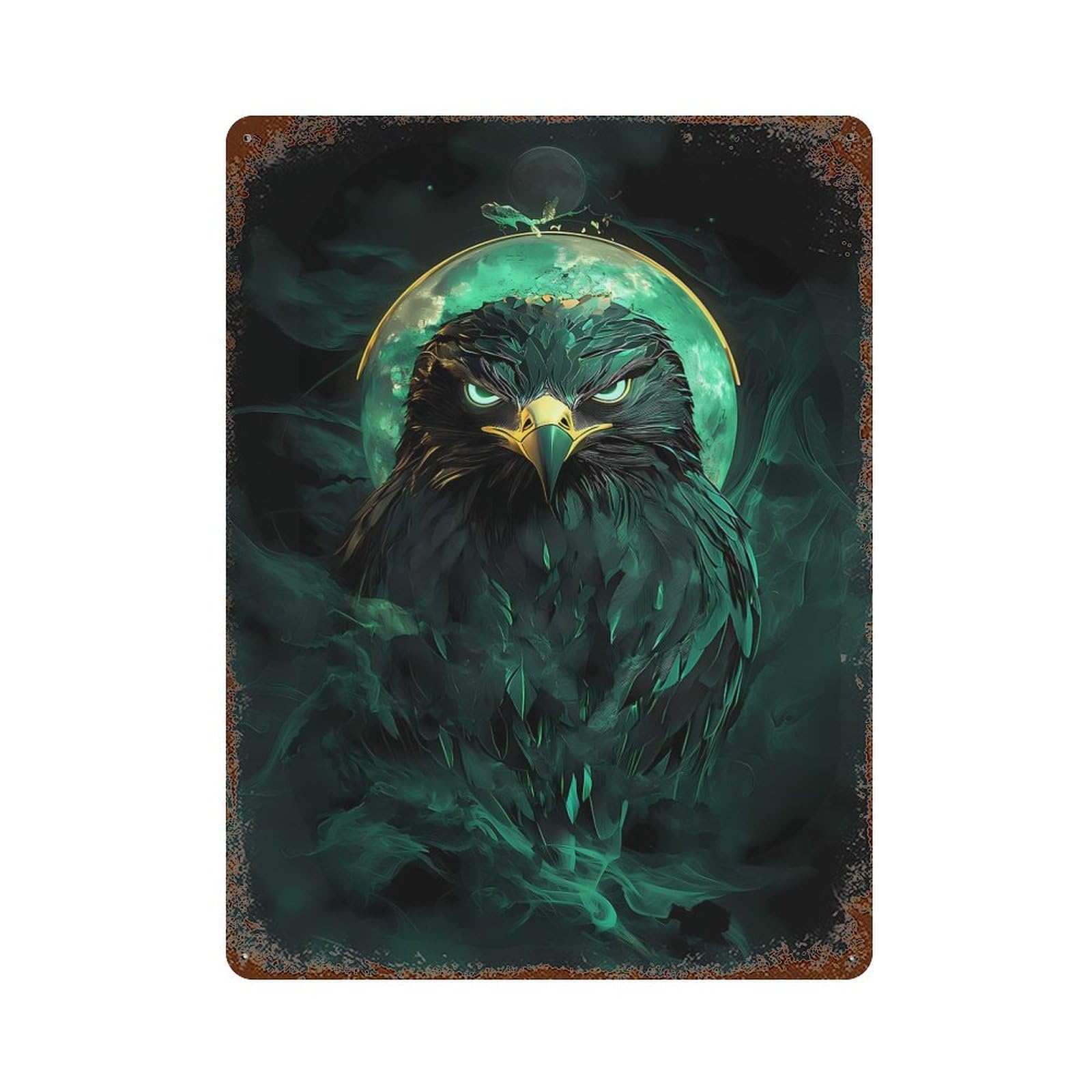 Distressed Metal Wall Sign with Green Eagle Falcon Bird with Moon Design 15.7"x11.8", for Farmhouse, Kitchen And Entryway Decor, Old School Wall Decor