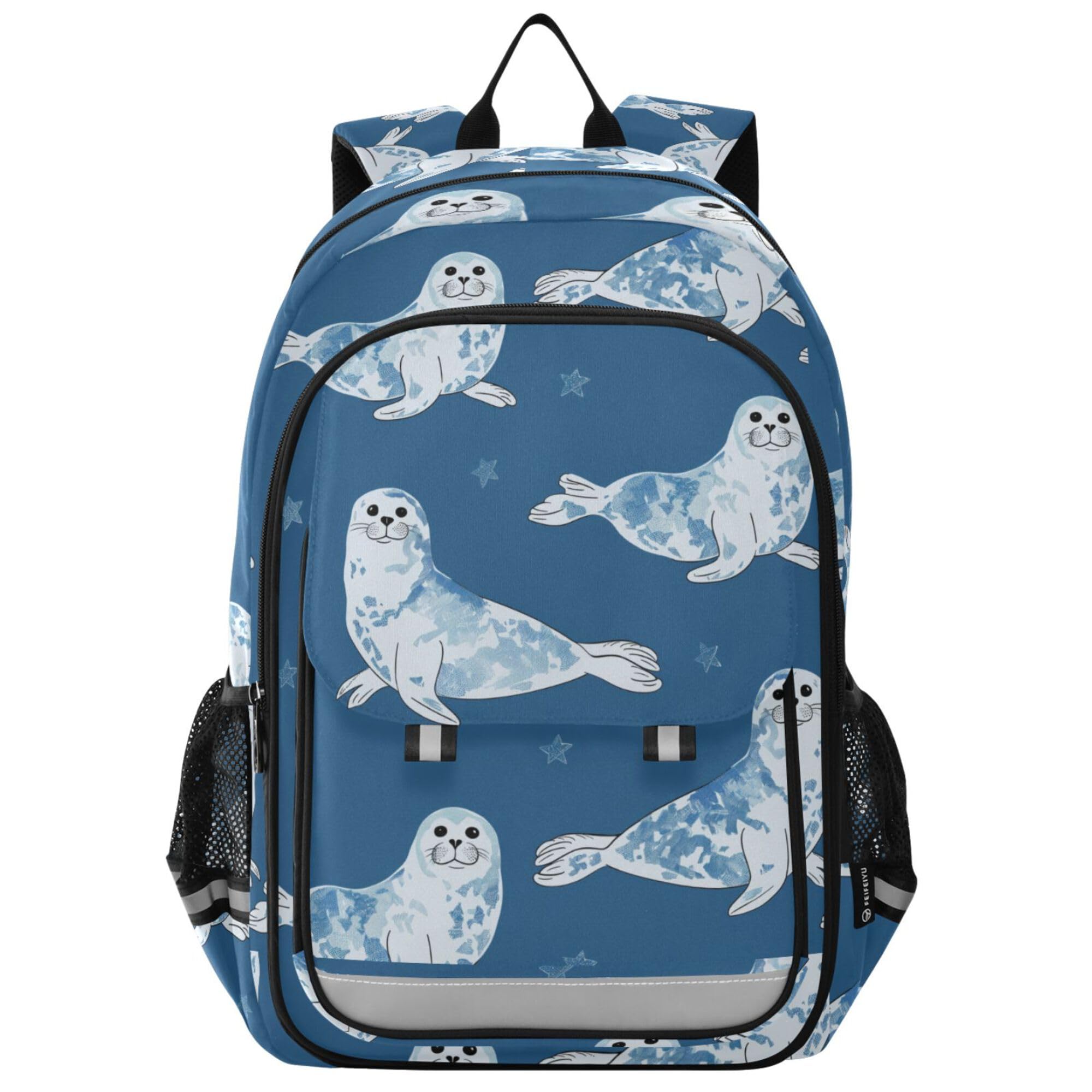 Seal Blue Pattern Backpack School Backpack with Reflective Stripes Lightweight Laptop Backpacks Students Book Bag