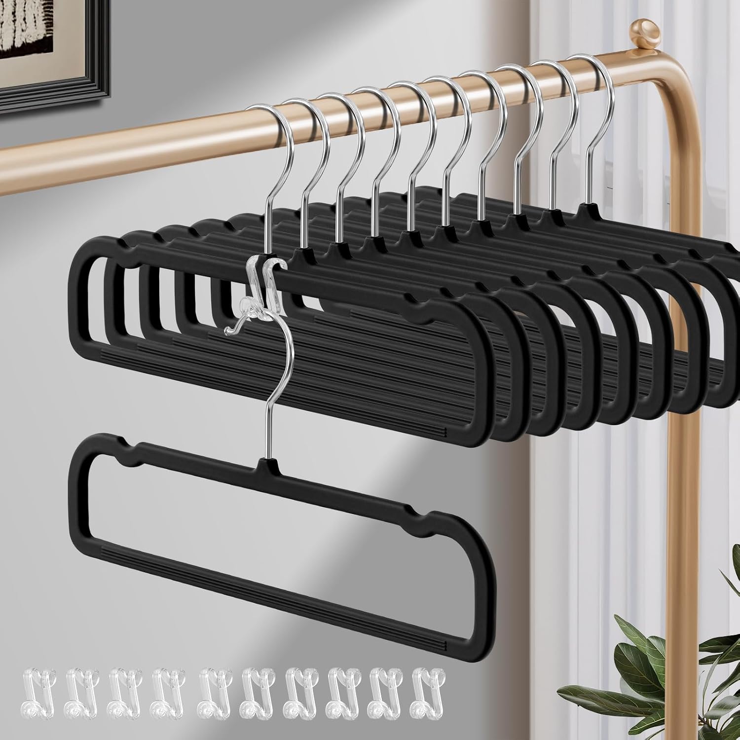 HUADYMEET 14 Inch Non Slip Slim Pants Hangers, Space Saving, 20 Pack, Black | Space Saving,Strong,Durable,360° Swivel Hook for Spaghetti Strap Dresses,Shorts,Jeans,Slacks,Trouser,10 Hooks Included