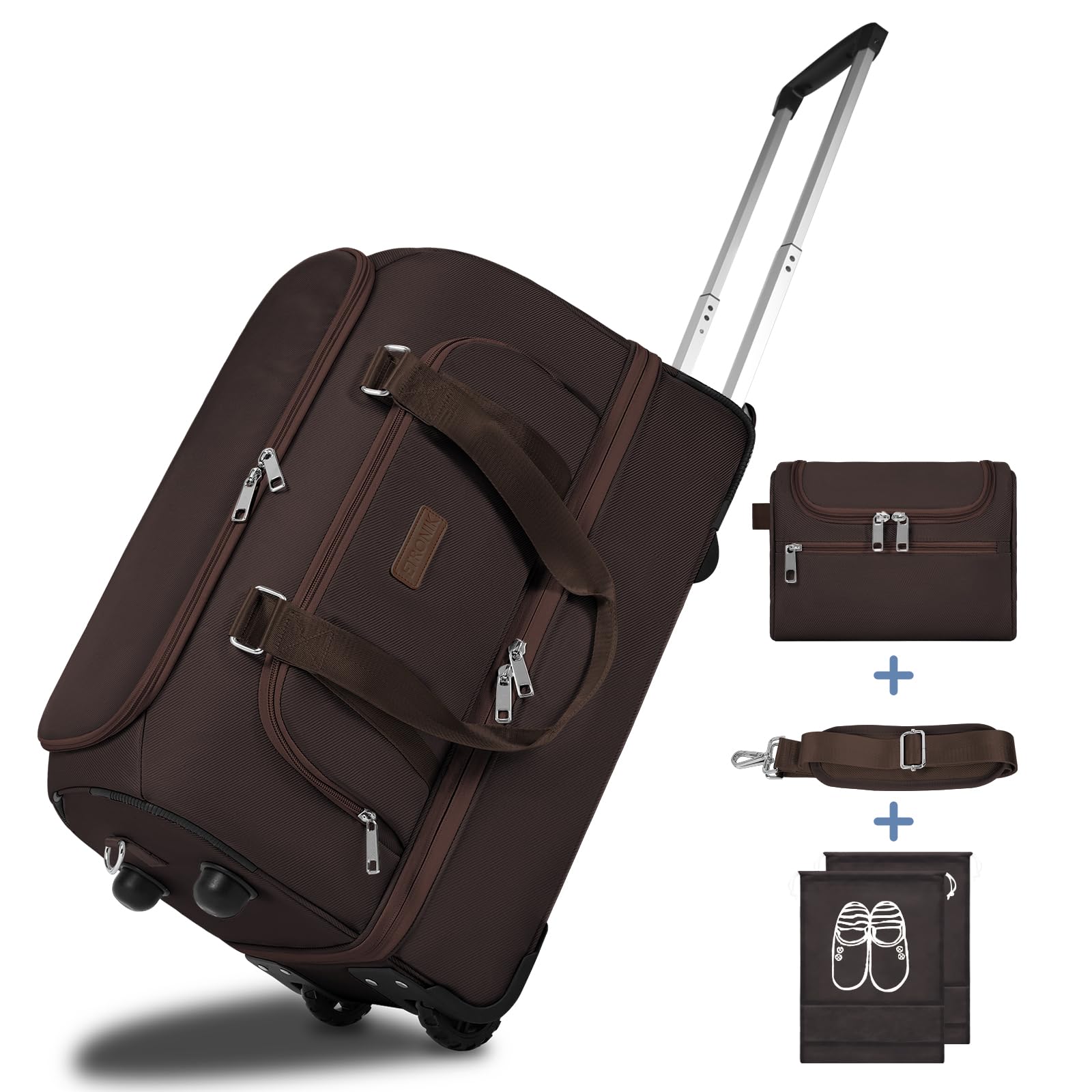 ETRONIK Duffel Bag with Wheels, Rolling Weekender Bags with Shoes Compartment, Toiletry Bag for Men Women, Waterproof Carry-on Suitcase with Adjustable Strap for Overnight Trip, Brown