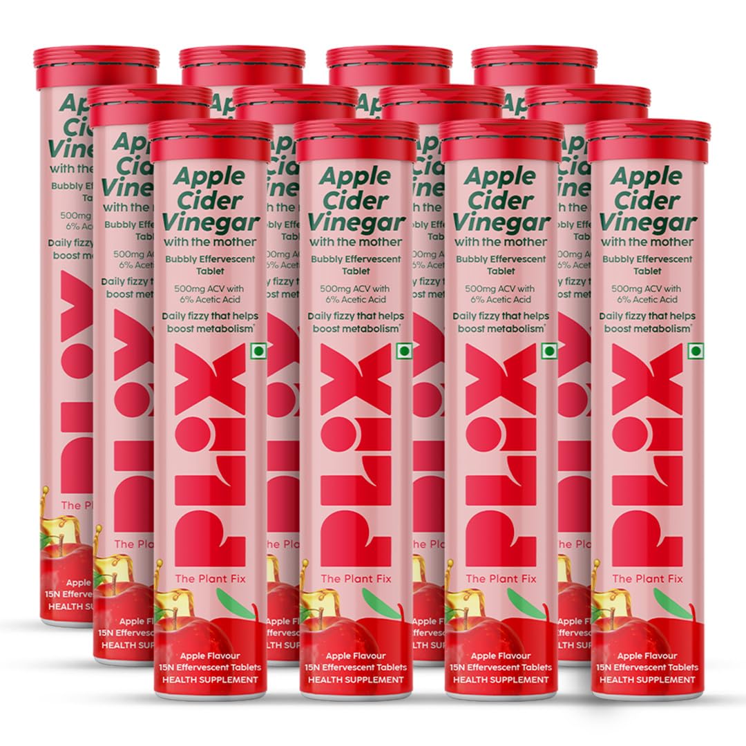 PLIX - THE PLANT FIX Apple Cider Vinegar 180 Effervescent Tablet, ACV with mother for weight loss and easy digestion, vitamin B6 & B12, Pack of 12 (Apple), 100% vegan, Easy to carry & consume
