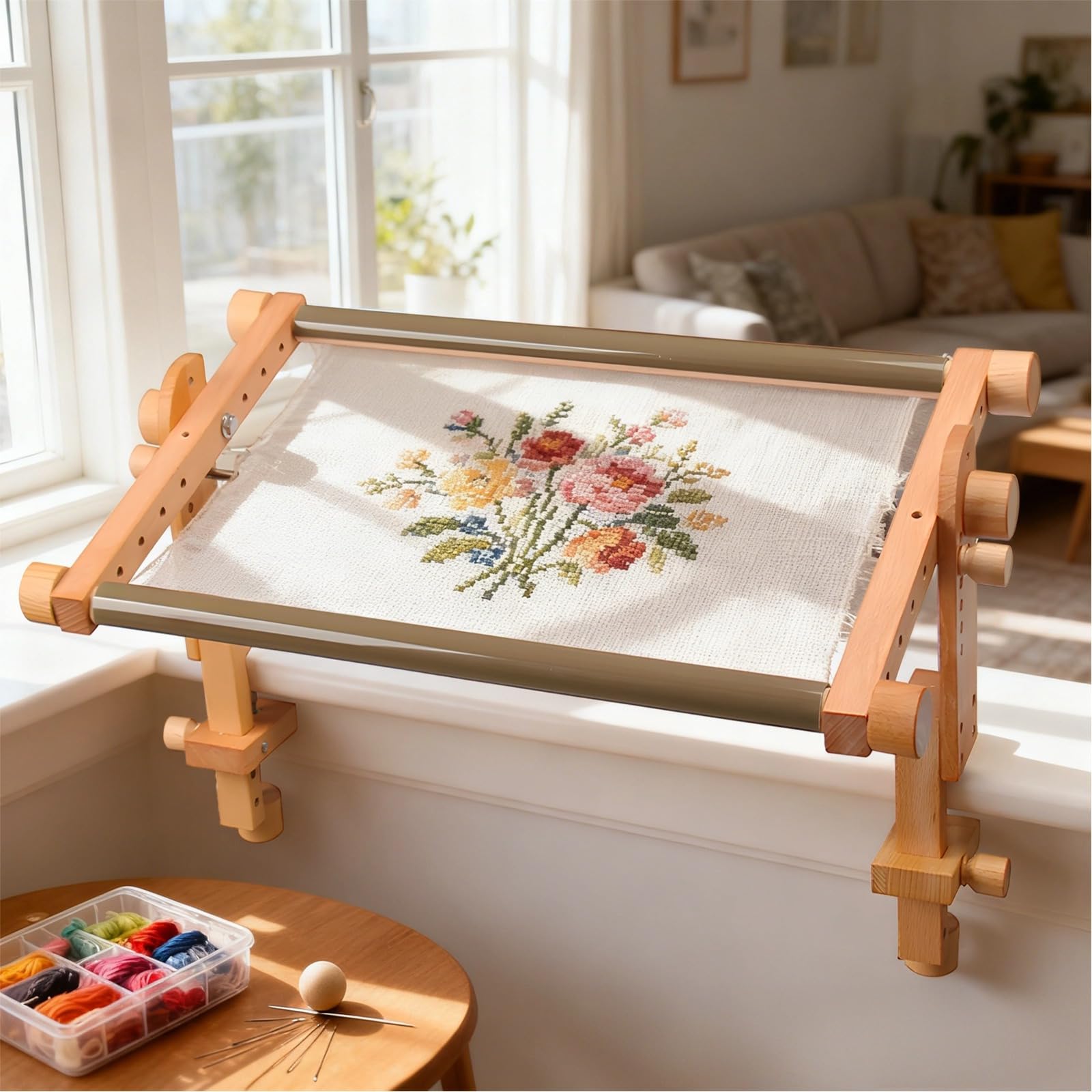 Marco de bordado ajustable de madera de haya, soporte de punto de cruz, 20.1 x 11.4 in / 51 x 29 cm, ajuste multiángulo, abrazadera de plástico para bordado a mano, manualidades, costura, acolchado