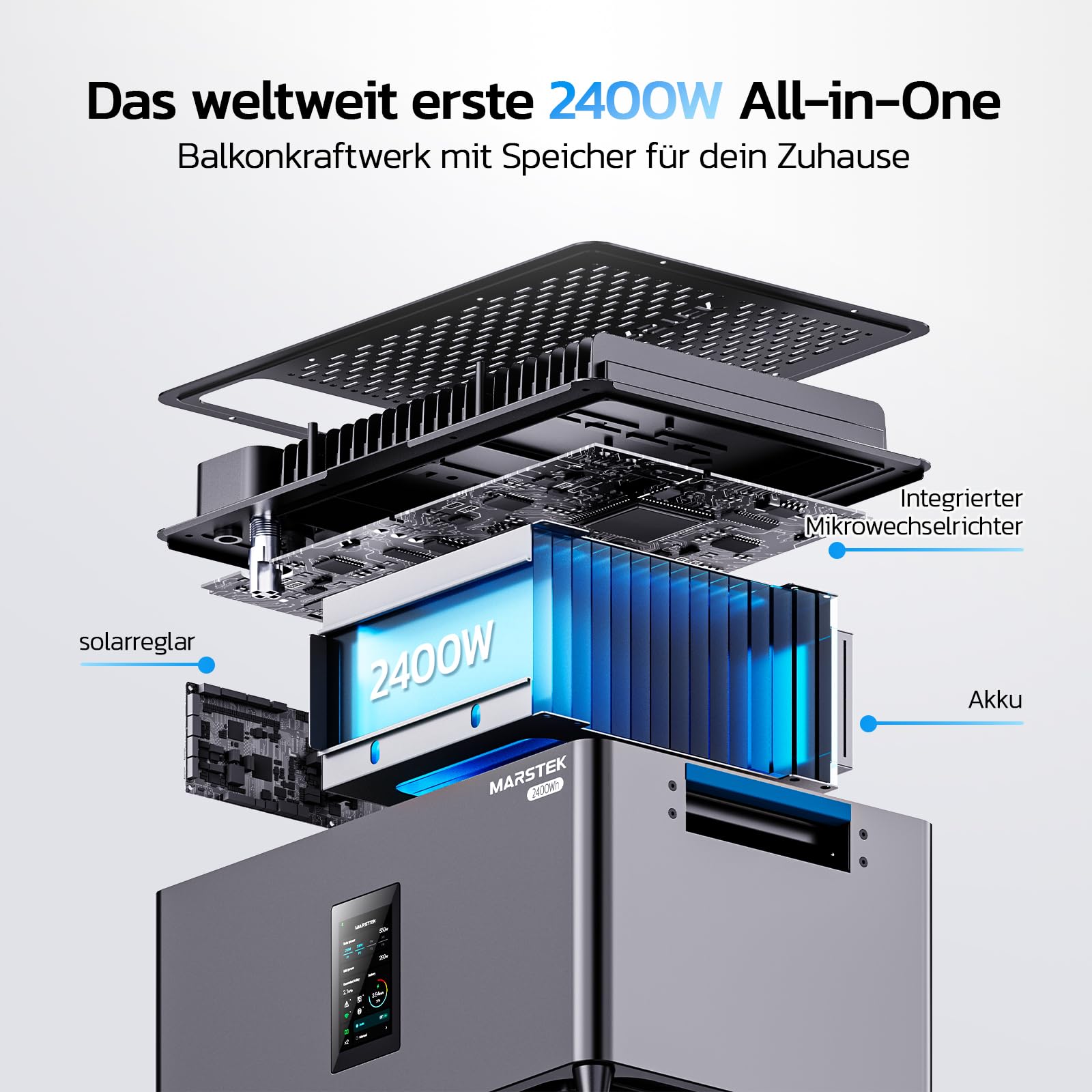 MARSTEK Centrale elettrica da balcone all-in-one con accumulo, 4 MPPT ingresso solare 2400W, capacità batteria 2,56kWh, 6000 cicli di ricarica, batteria LFP, con APP, Plug&Play, 0% IVA (Jupiter C Plus