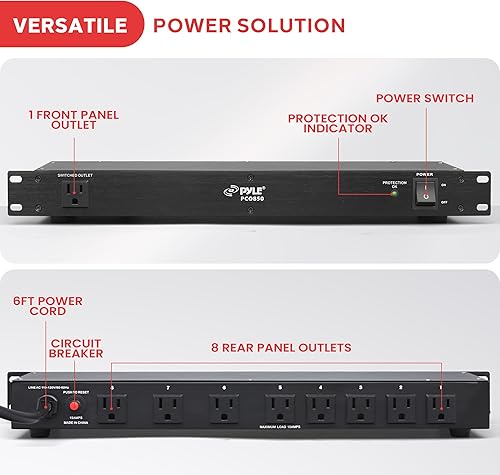 Miniatura 3 de Pyle PDU PCO850 - Protector contra sobretensiones de 150 julios, 15 amperios, 9 salidas, tira de cable de extensión eléctrica resistente, tira de