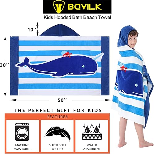Miniatura 4 de Bavilk Toalla de playa con capucha para niños y niñas, cubierta de piscina, súper absorbente, lindo animal de dibujos animados, vitalidad completa