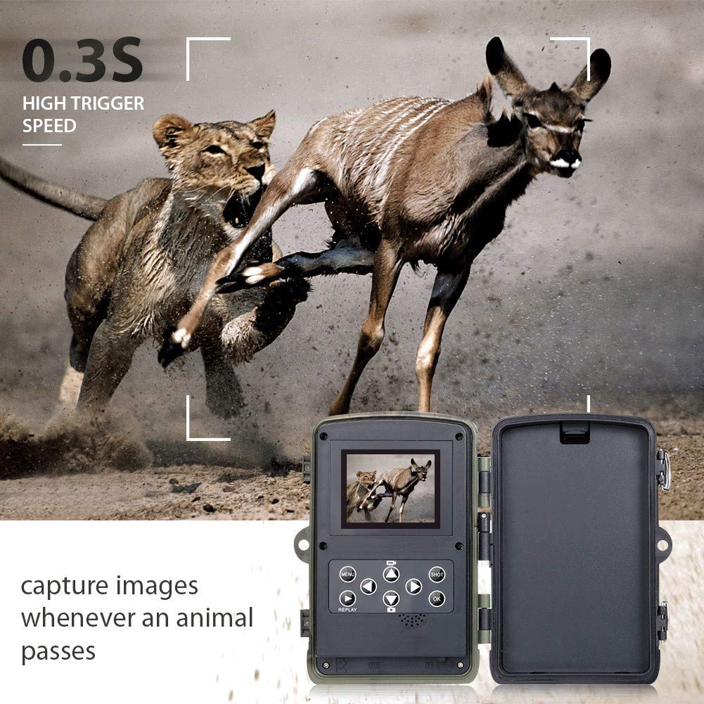 Caméra de Chasse avec 2PCS 5000mAh Lithium Batterie Rechargeable, Trail Caméra 20MP 1080P Sécurité No Glow Vision Nocturne Infrarouge Invisible activé, 0.3s Vitesse de Déclenchement