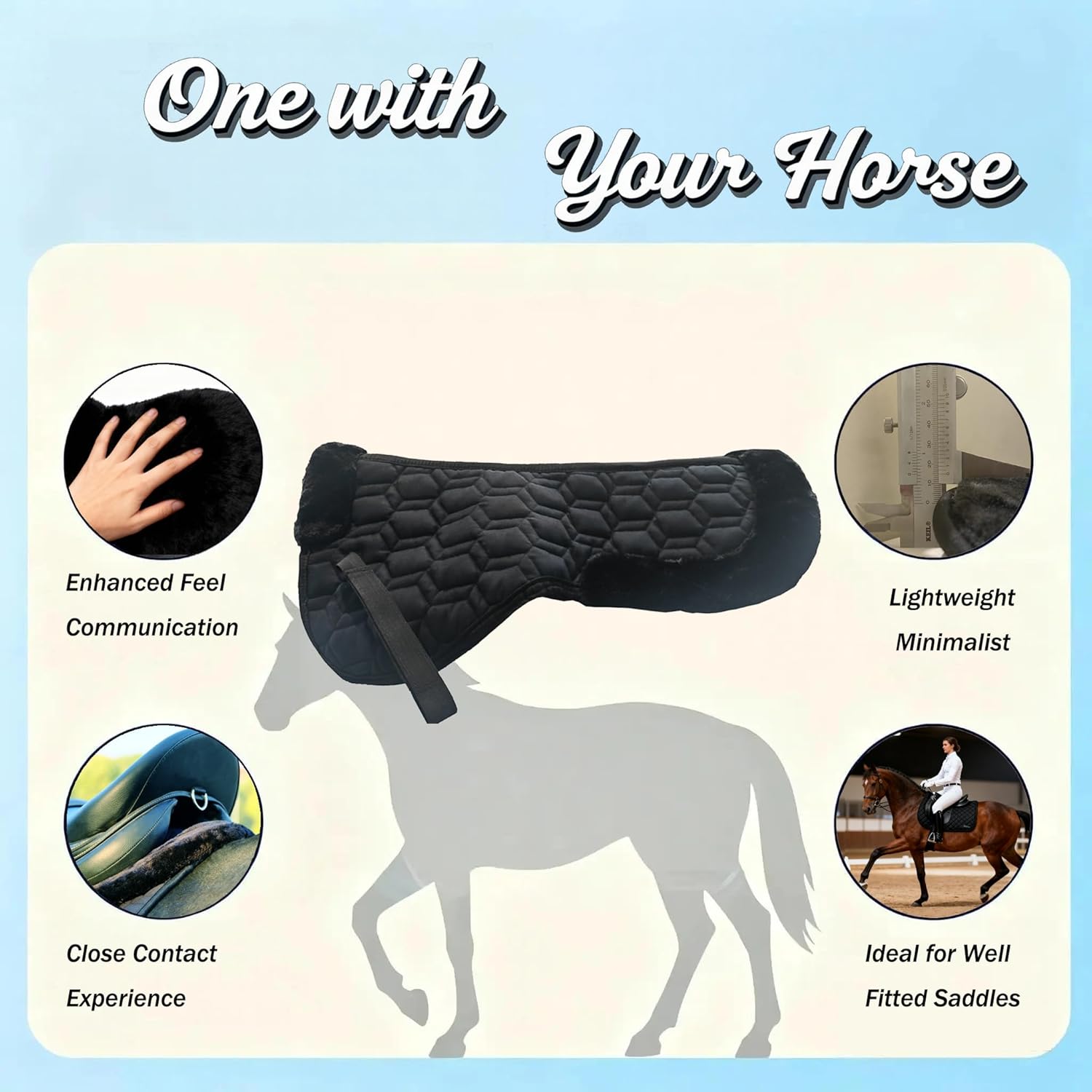 Half pad for English Saddle Black Anti-Slip Corrective Breathable Horse Saddle pad - Comfortable English Saddle Half pad for Better fit
