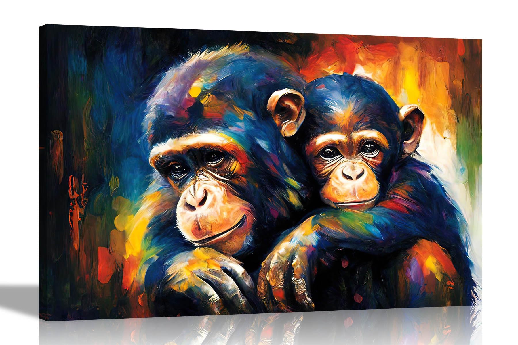 Artley Prints Baby And Mother Loving Chimps - Loving Mother And Baby Chimps Abstract Canvas Wall Art: Colourful Prints For Living Room - Ready To Hang Large 86 X 61Cm (34 X 24 Inches) A1