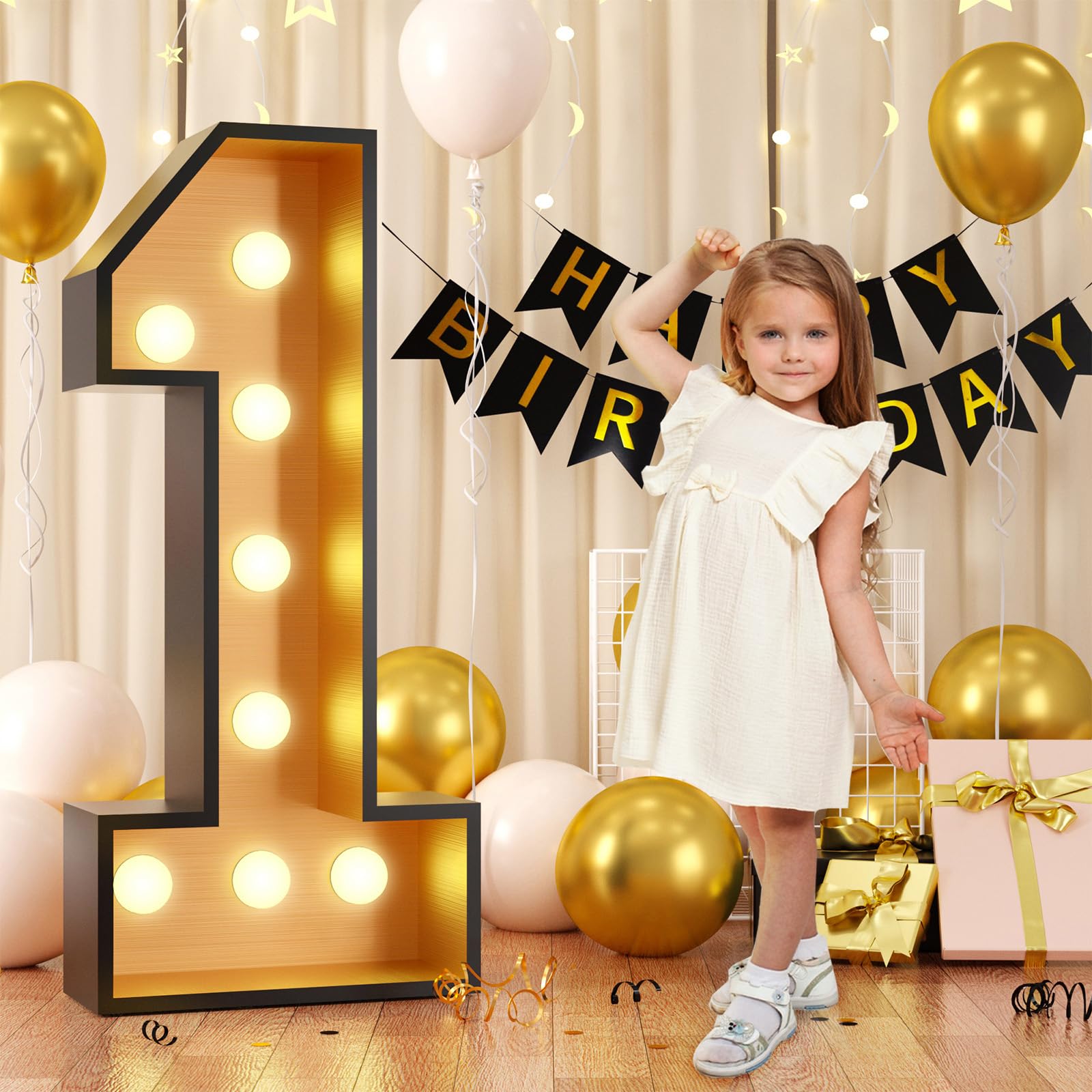 4FT Marquee Light up 1 Number, Gold Black Marquee 1 Numbers Lights, Giant Marquee 1 Numbers,Large Mosaic Frame Letter 1 for 1st Birthday Party Foam Board Sign DIY Decorations Anniversary