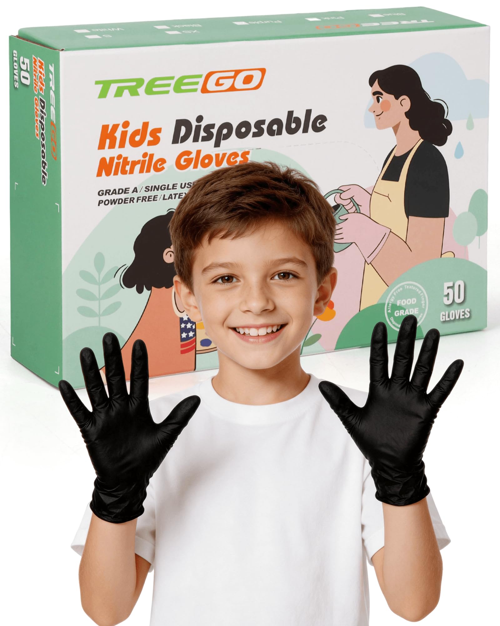 TREEGO 5Mil Kids Disposable Nitrile Gloves, Black, XS, 50 Count