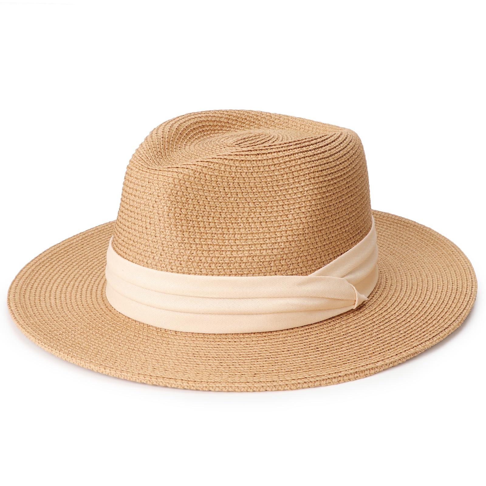 DRESHOW Women Straw Panama Hat Fedora Beach Sun Hat Wide Brim Straw Roll up Hat UPF 50+