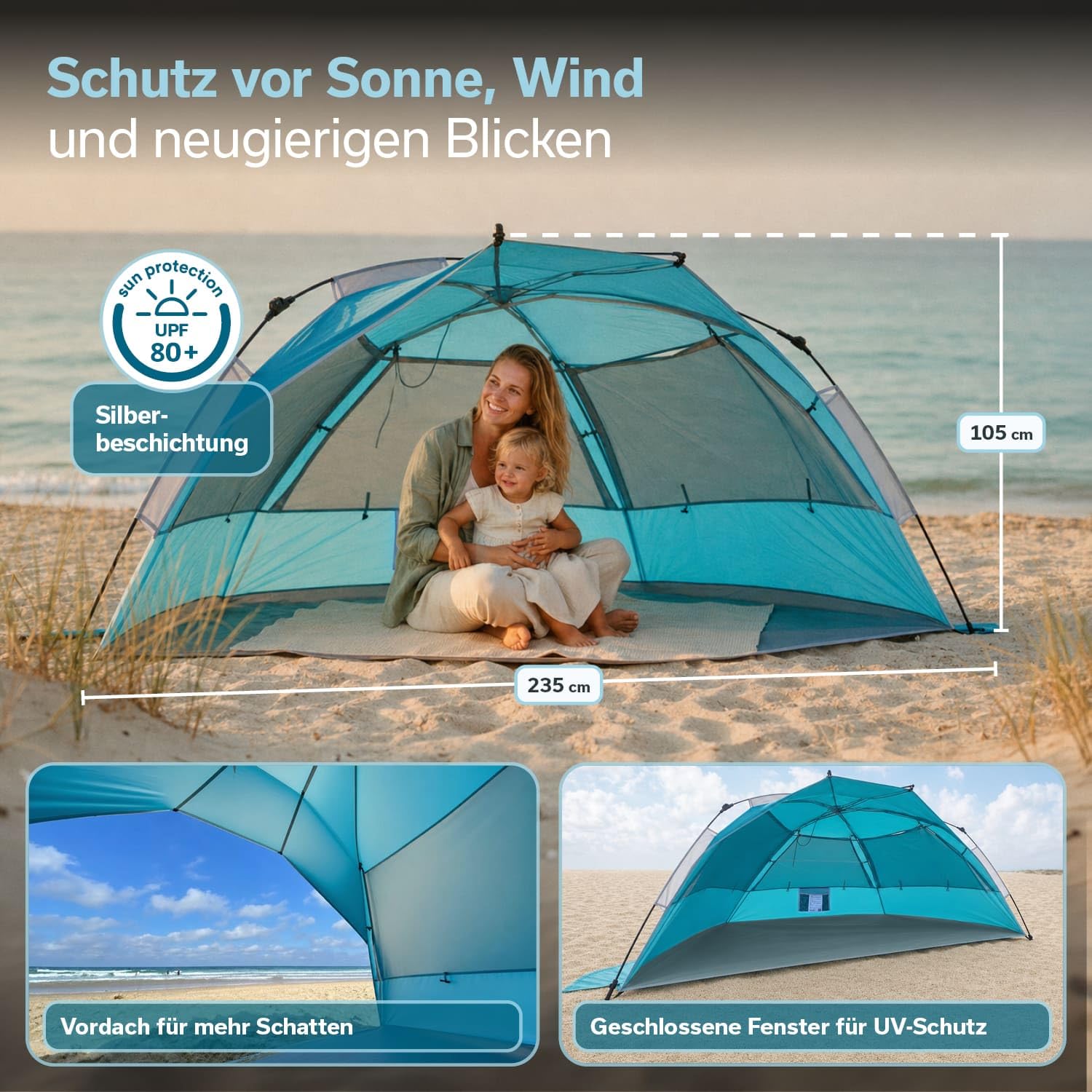 Skandika Strandmuschel Skal Quick-Start Strandzelt UV-Schutz 80+ 360° Mesh-Panoramafenster Windschutz Sonnenschutz Sichtschutz Quick-Up Sandheringe