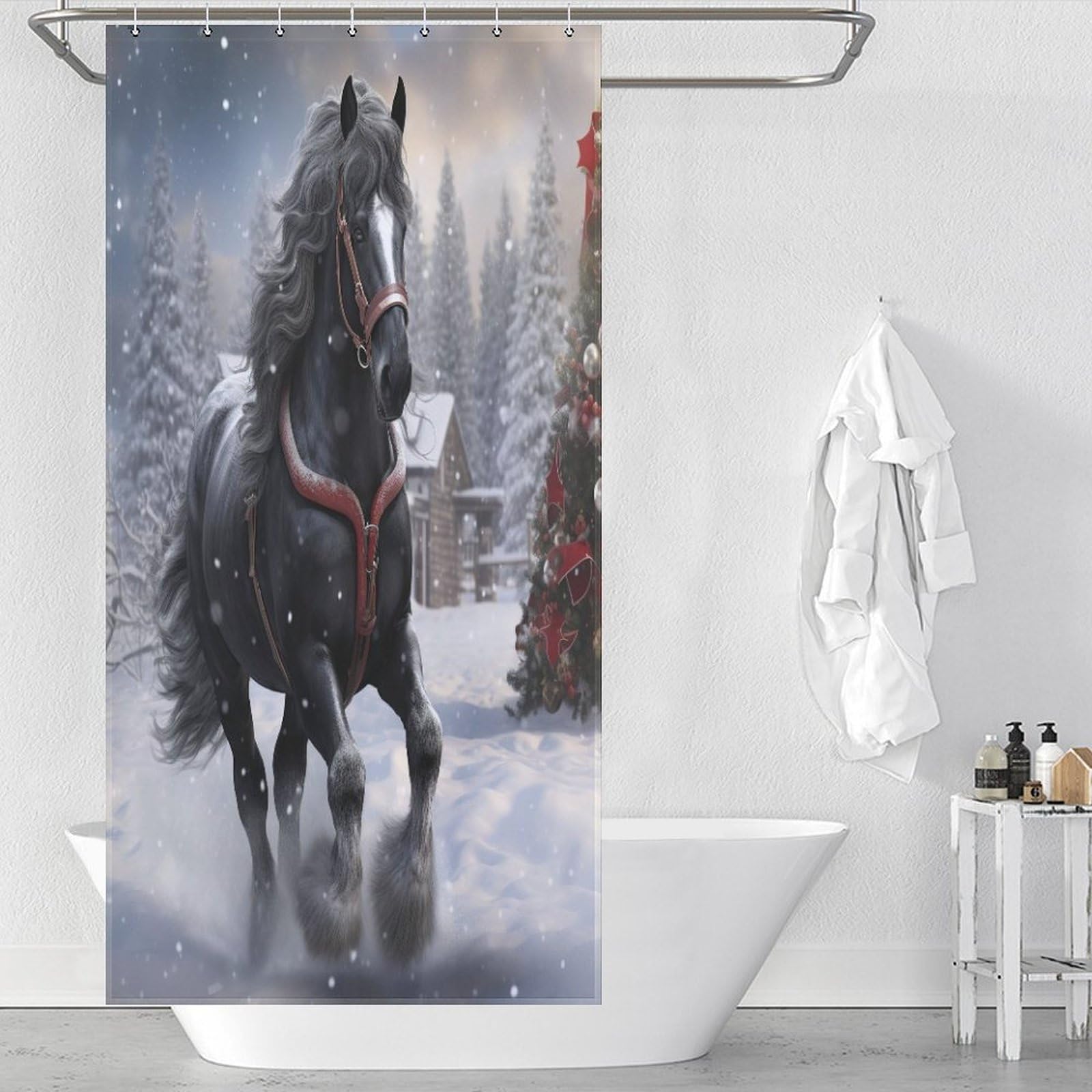 Rideau de douche cheval lavable pour éviter l'eau au sol, tissu imperméable 92x183cm