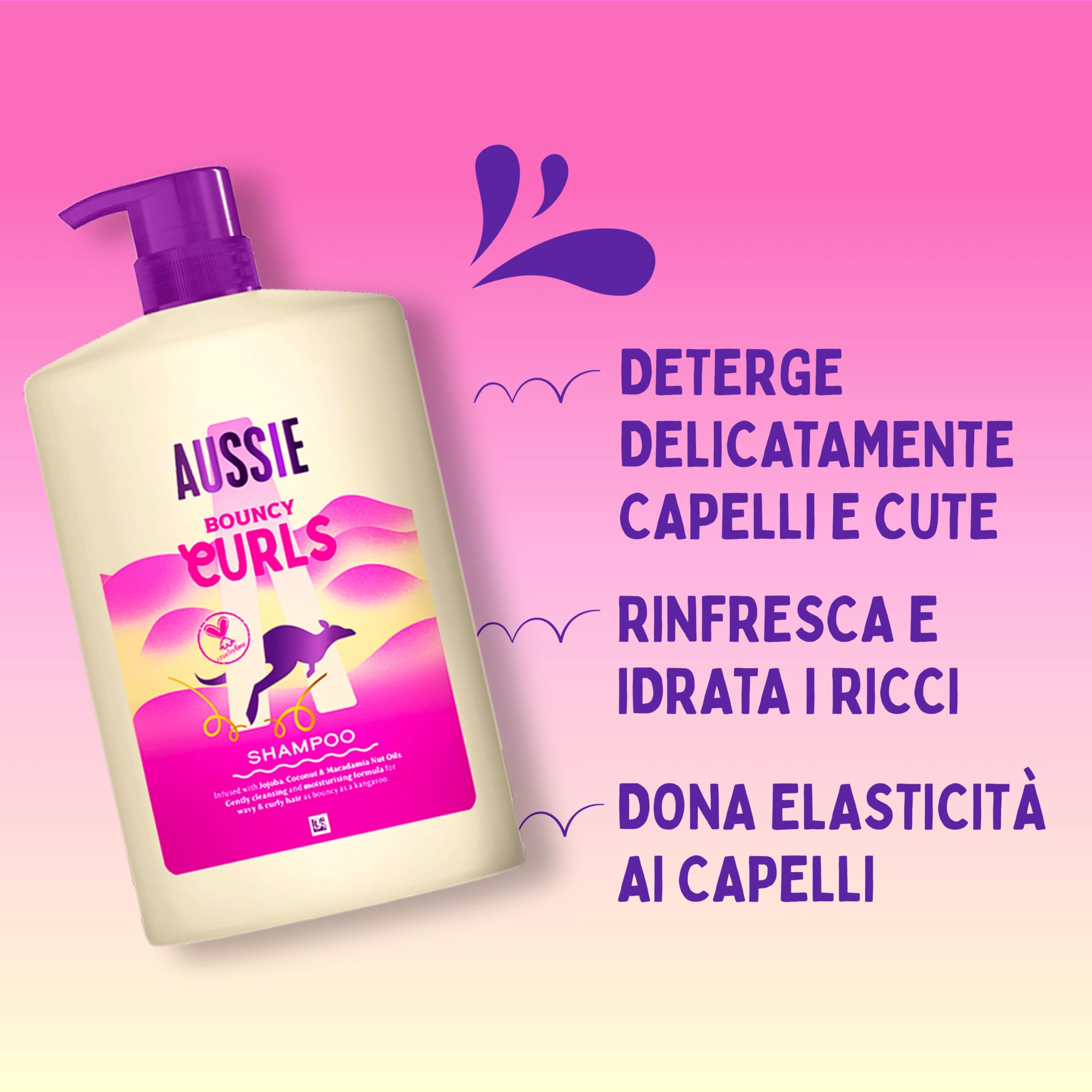 Aussie Bouncy Curls Shampoo Ricci 1000ml, Deterge Delicatamente e Idrata Capelli Mossi e Ricci, Senza Siliconi, Vegano e Cruelty-Free