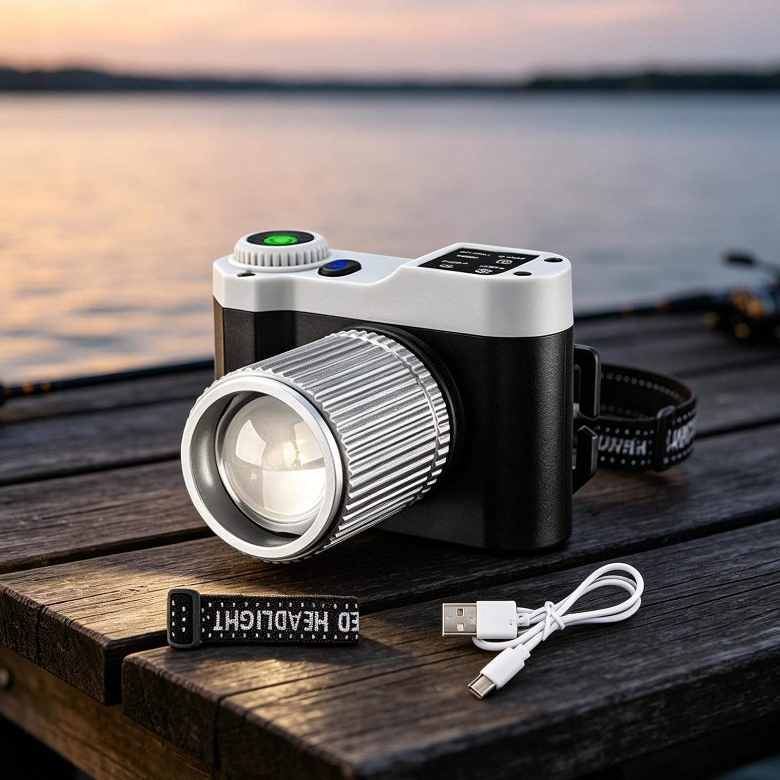 Lampada frontale a LED, lampada da pesca, torcia ricaricabile zoomabile