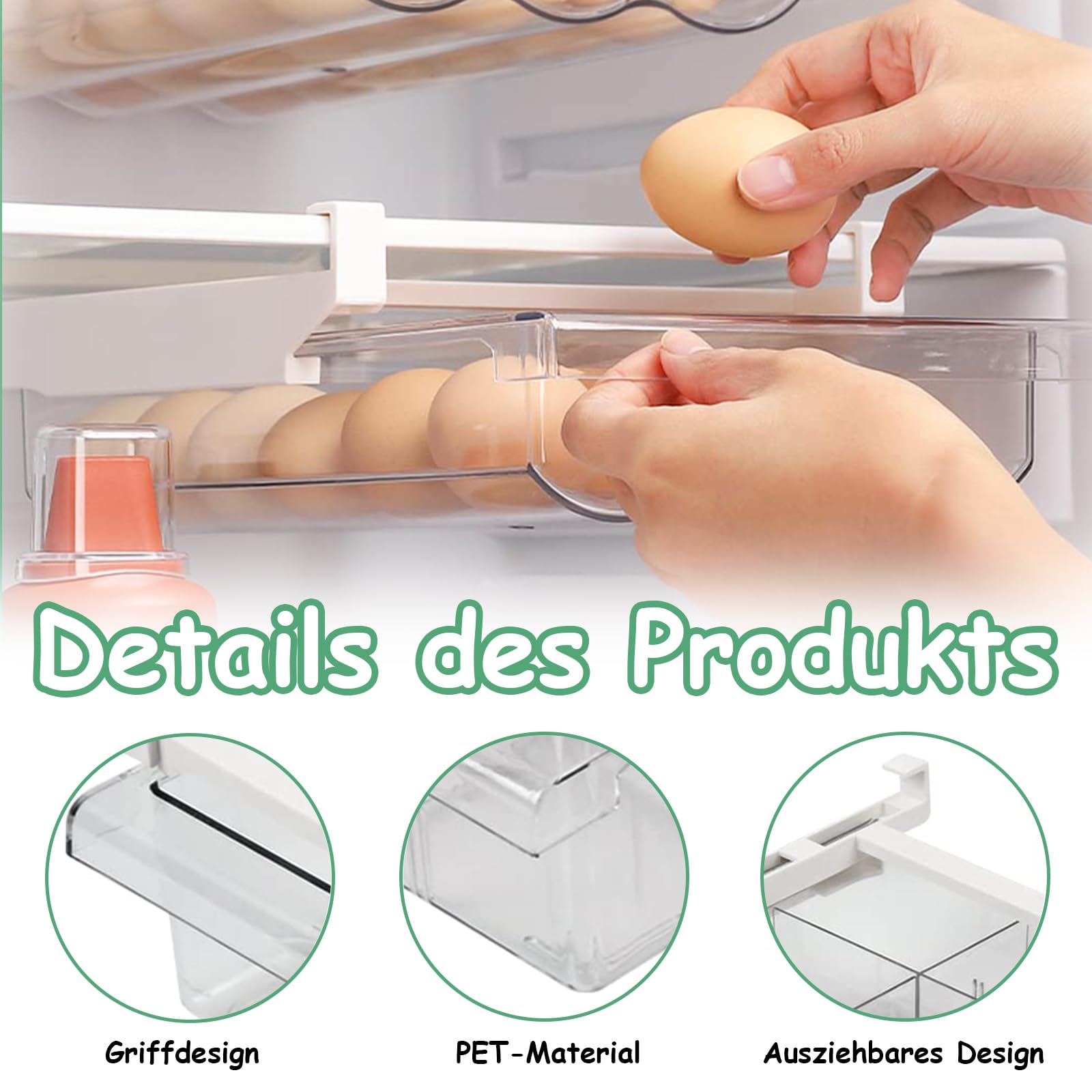 Kühlschrank Organizer, 30,5 x 20 x 8,5 cm, 1 Stück Eierbehälter für Kühlschrank, Ausziehbare Eierschublade, Eierablage, Eierhalter Kühlschranks mit Griff, für Kühlschrankregale, Gefrierschrank, Küche