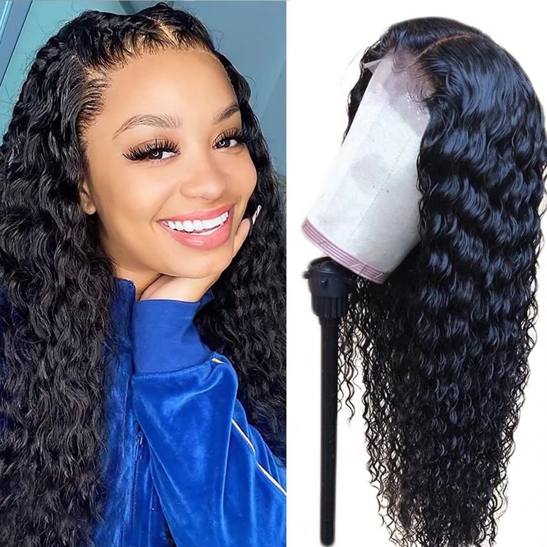 Deep Wave Closure Wigs Human Hair 4x4 HD Transparent Deep Curly Lace Front Wigs for Black Women Glueless 180% Density Human Hair Wigs Pre Plucked Hairline with Baby Hair (20 inch)