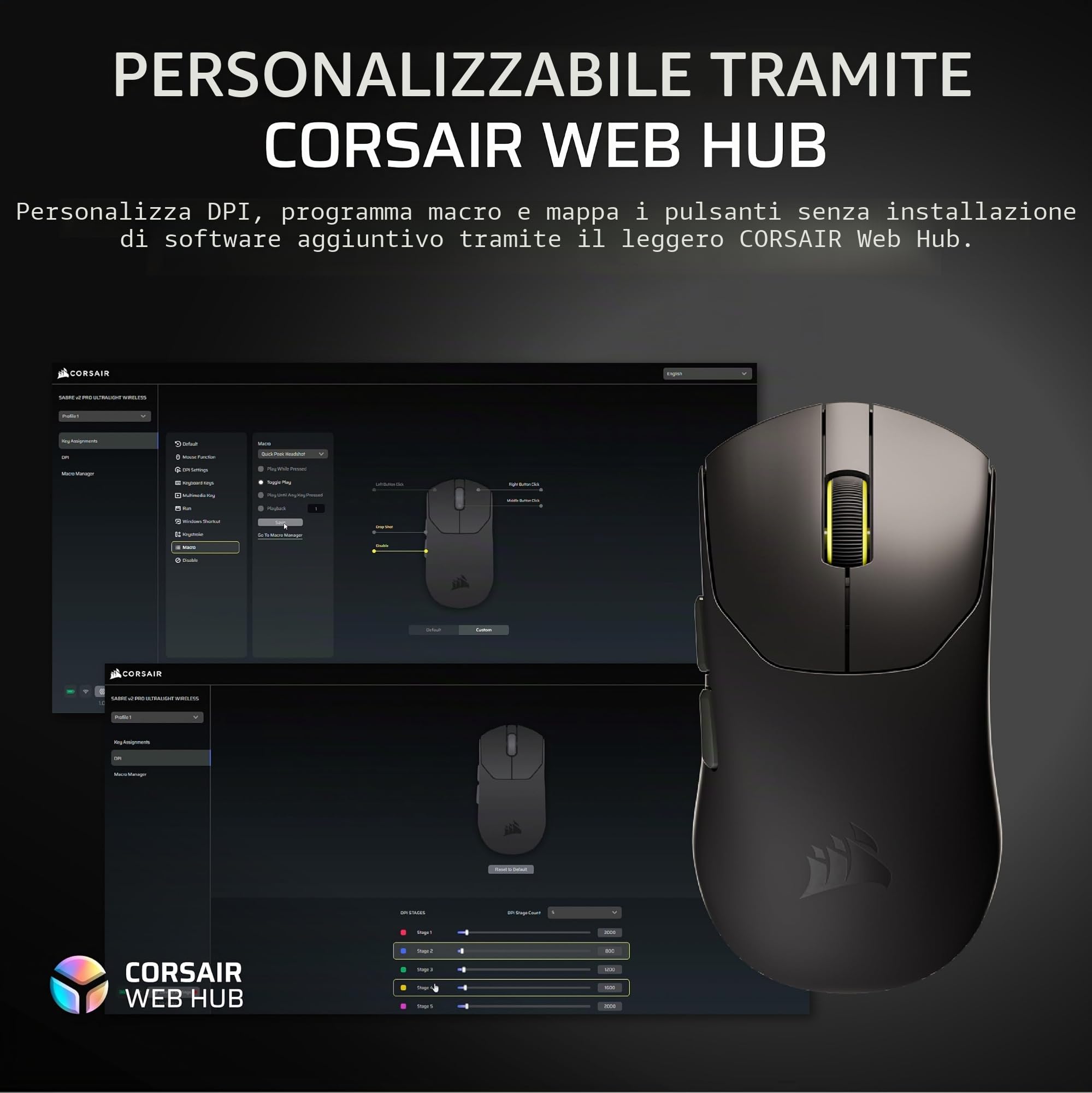Corsair Sabre v2 PRO - Mouse da gioco wireless ultra leggero FPS, 33.000 DPI, peso 36 g, funzione Hyper-Polling 8000Hz, interruttori meccanici, durata della batteria wireless fino a 70 ore