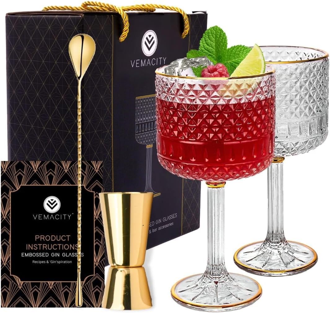 Luxury Gin Glasses Set of 2 w/Gold Rims | Includes Gold Spoon, Spirit Measure & Pourer | Crystal Gin Glass Gifts for Women | Aperol Spritz Gift Set & Cocktail Glasses | Ideal for Christmas