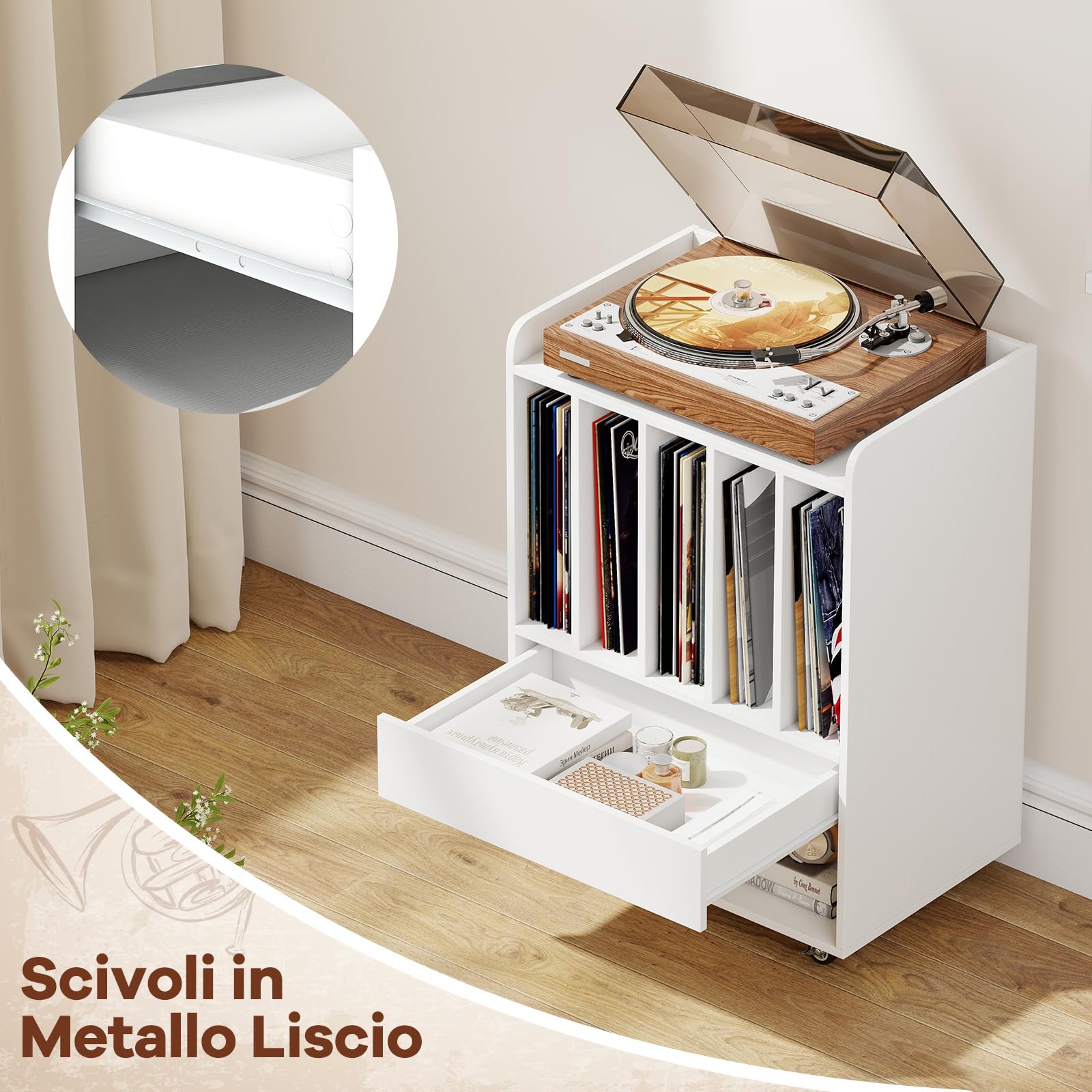 COSTWAY Mobile Porta Vinili con 4 Ruote Universali, Porta Dischi Vinile con Cassetto, Scomparto Aperto e Gancio Rimovibile, Mobile Giradischi Salvaspazio per Studio, Ufficio e Soggiorno (Bianco)