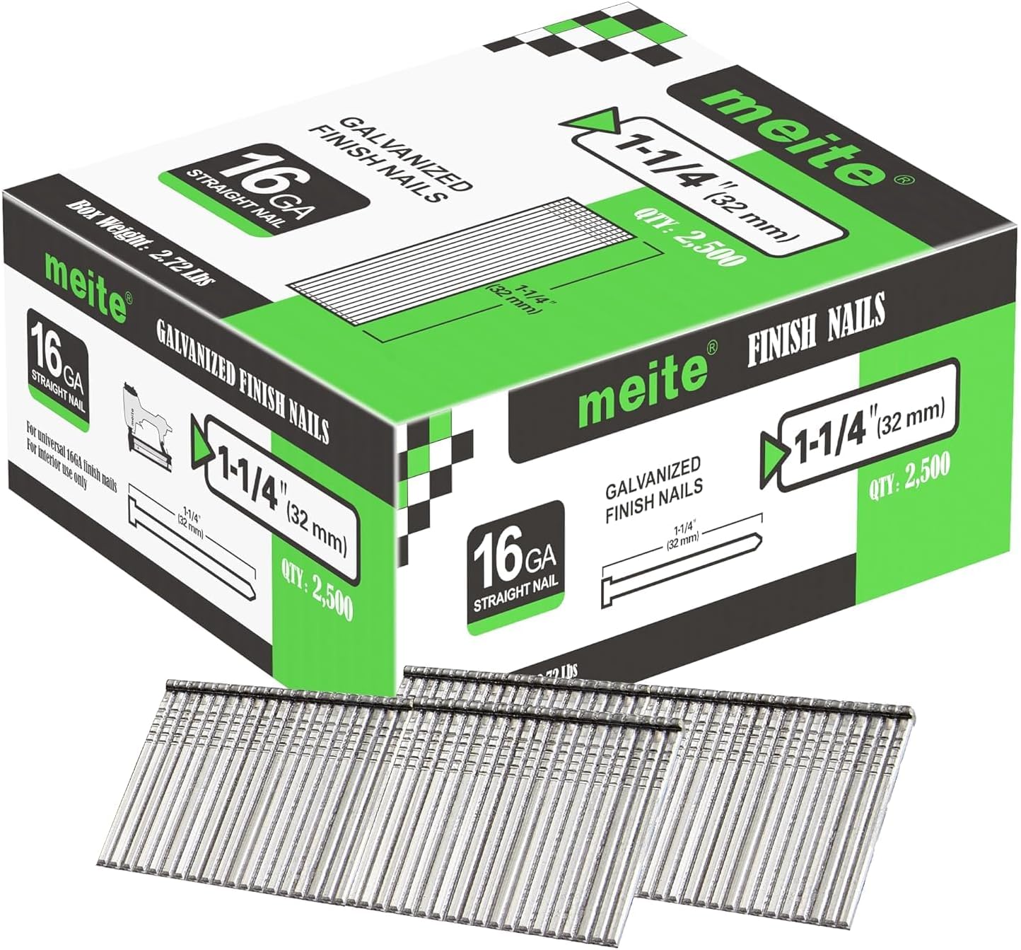 meite T32 16 Gauge Finish Nails, 32 mm 16GA Straight Finish Nails Galvanized Finishing Nail for Nailer Guns - Ideal for Woodworking, Upholstery, and Framing Projects (2,500 Counts)
