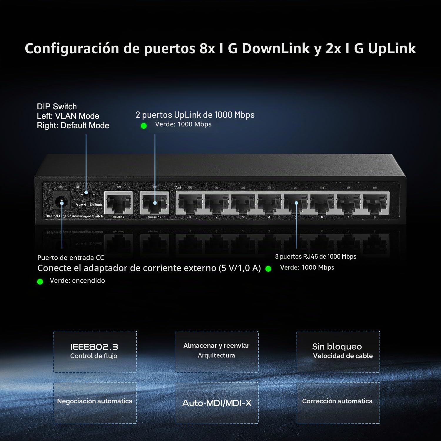 Binardat Switch Ethernet Gigabit de 10 puertos, 8 puertos 100/1000Mbps, 2 enlaces ascendentes Gigabit, compatible con Vlan, carcasa metálica no gestionado Plug and Play