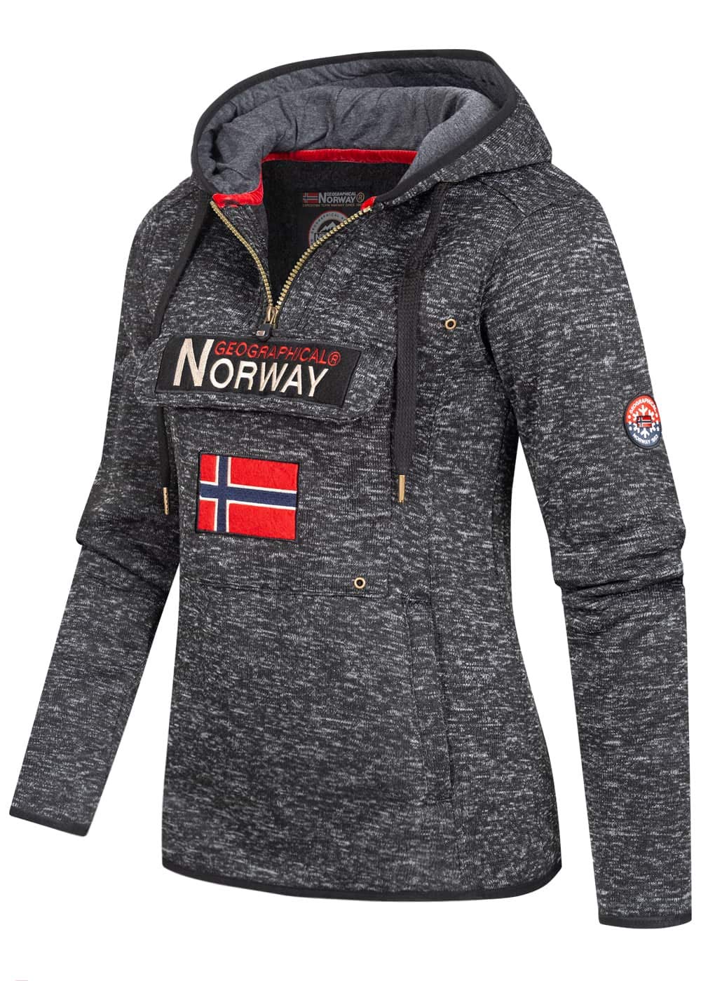 Geographical Norway Damen Half Zip Hoodie Kapuzenpullover Sweater Brusttasche Embro Känguru Pocket Sleeve Rupper Patch