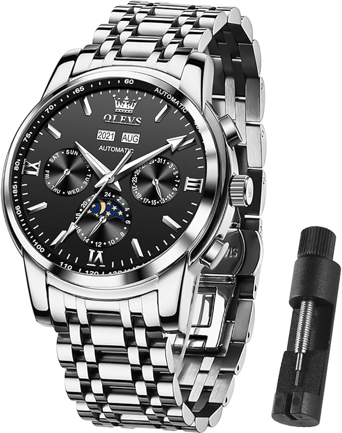 Men Watches Black Face Stainless Steel Band Men Silver Watch Two Tone Self Winding Men