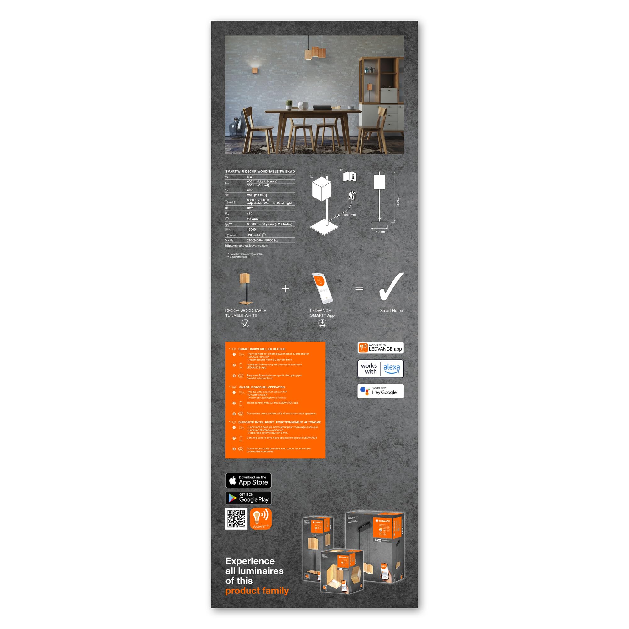 LEDVANCE SMART+ WiFi-Tischleuchte DECOR Wood, 8W, 650lm, regulierbares Weißlicht (3000K bis 6500K), dimmbar, FSC-zertifiziertes Holz, steuerbar per App, kompatibel mit Amazon, Google und Co.