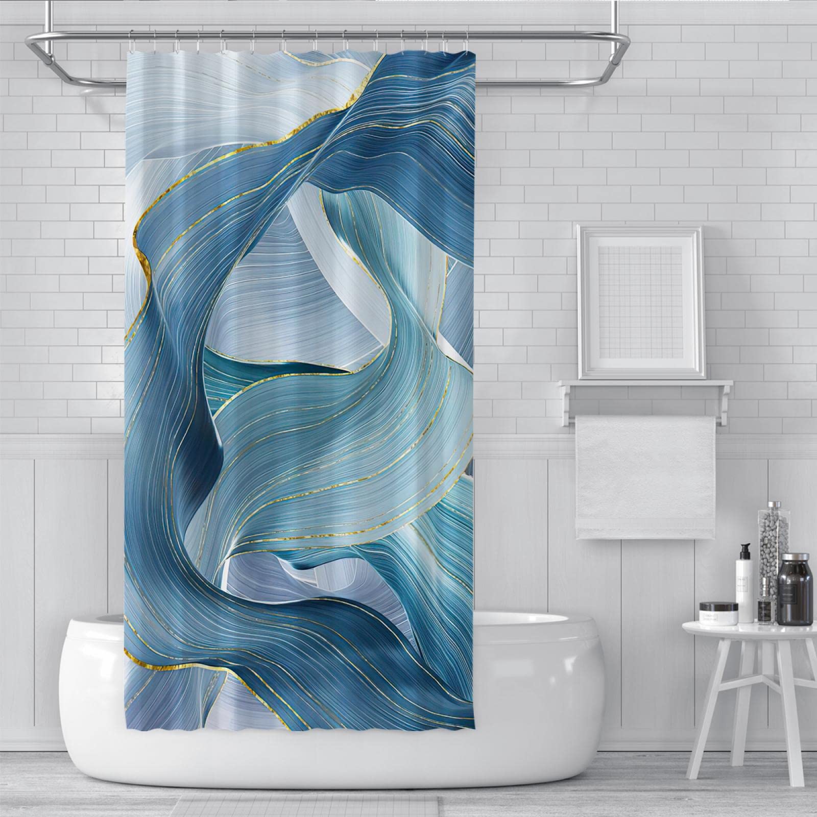 Elegantes cortinas de ducha Abstracto Mármol Azul Oro Moderno para Baño Líneas Doradas Tela a rayas Impermeable Poliéster Juego de cortinas de ducha 180x220 cm