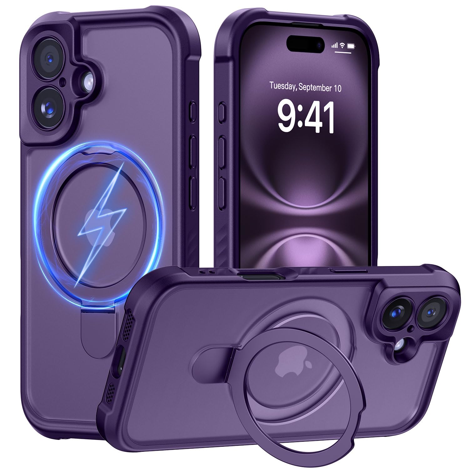 MOCCA Design for iPhone 16 Case with Magnetic Invisible Stand [Full Camera Protection] [Compatible with Magsafe] Military Drop Shockproof Translucent Matte Phone Case Cover 6.1",Deep Purple