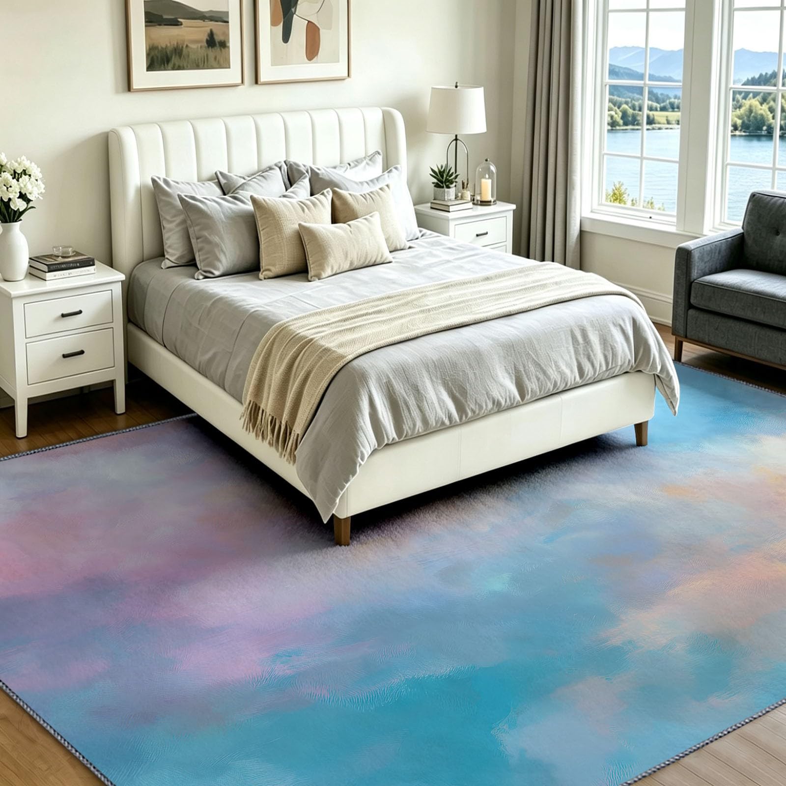 Tapis Salon Féerique 180 x 240 cm Nuage Brume Dégradé Lavable en Machine Rug | AntidéRapant Poil Ras, pour Salle de Bains, Chambre, Salle à Manger et Cuisine, Bleu