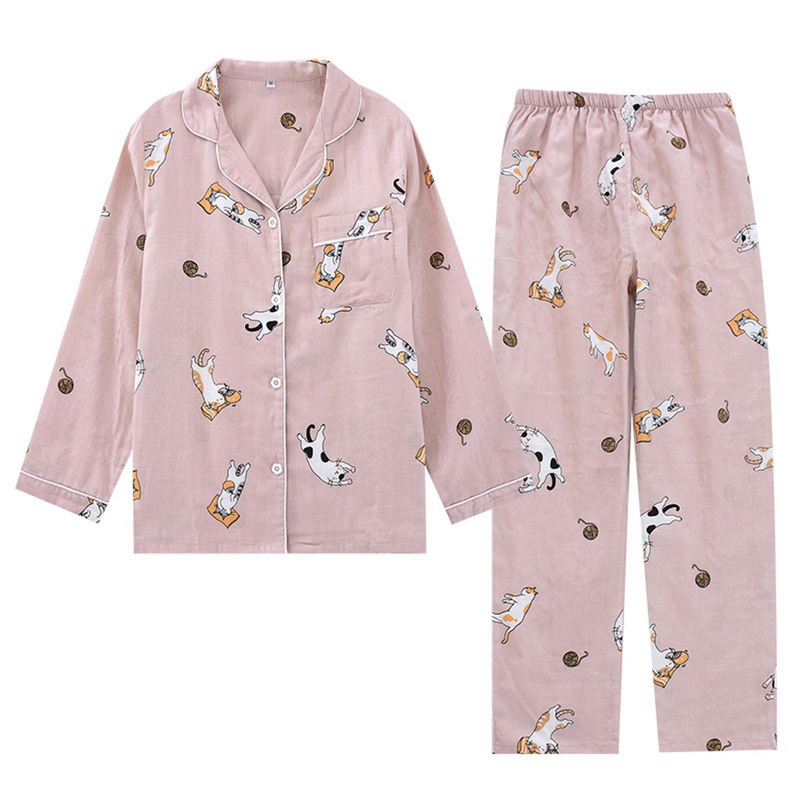 Pigiama Donna Signori da Donna Set da Cartone Animato per Gatto da Gatto Femminile 2 Pezzi Camicia A Torni in Giù+Pantaloni Comodo Natura Abbigliamento da Sonno