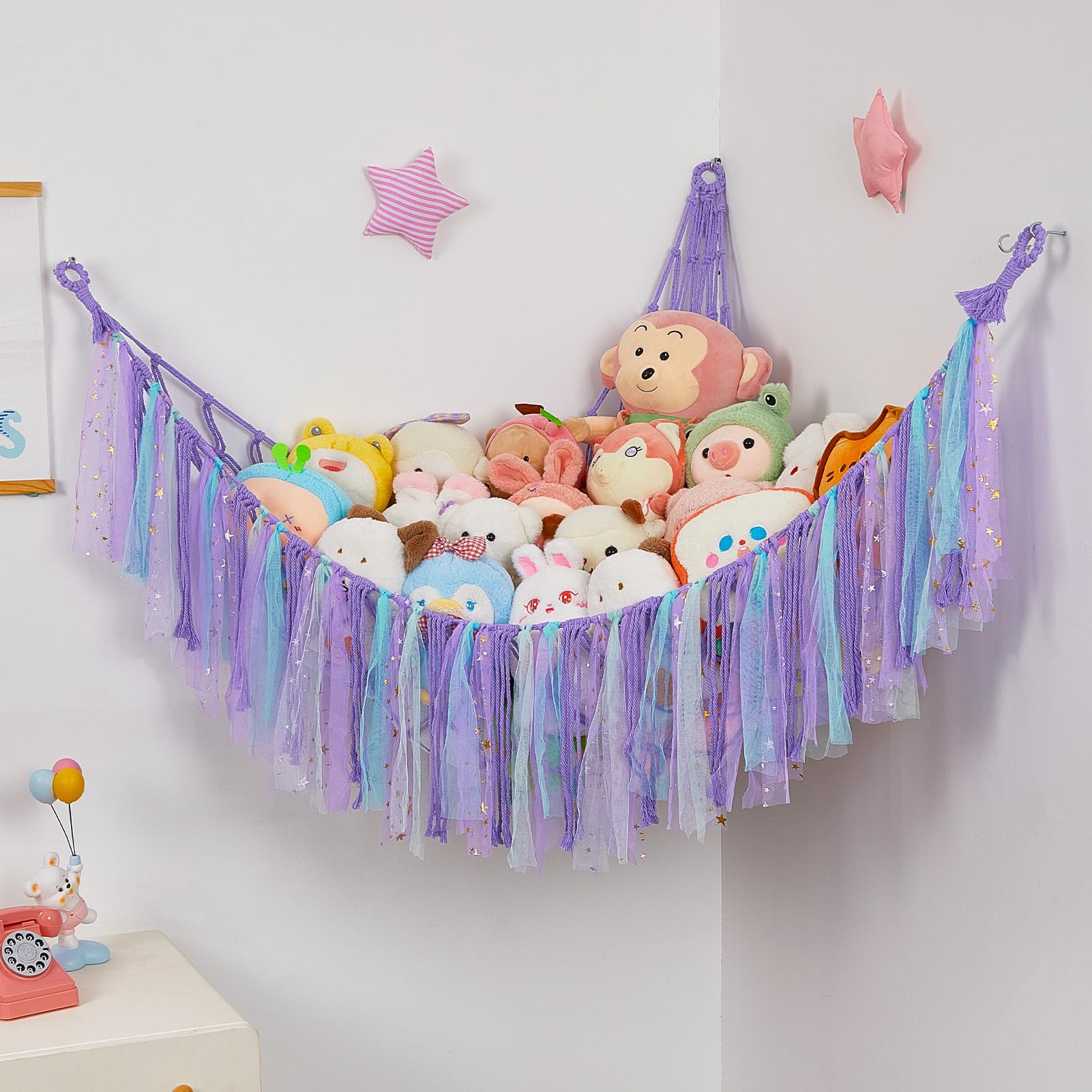 Hamac De Rangement Jouets En Macramé – Filet Mural Pour Peluches, Déco Chambre Enfant Avec Lumières LED