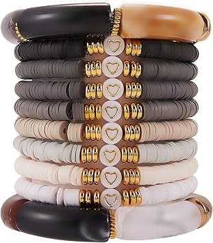 Ornaland 10 Pcs Heishi Beaded Acrylic Bamboo Tube Bangles Stretch Bracelets Set Colorful Stackable Chunky Curved Clay Beads Friendship Couple Bracelets Gift for Women Men, Black