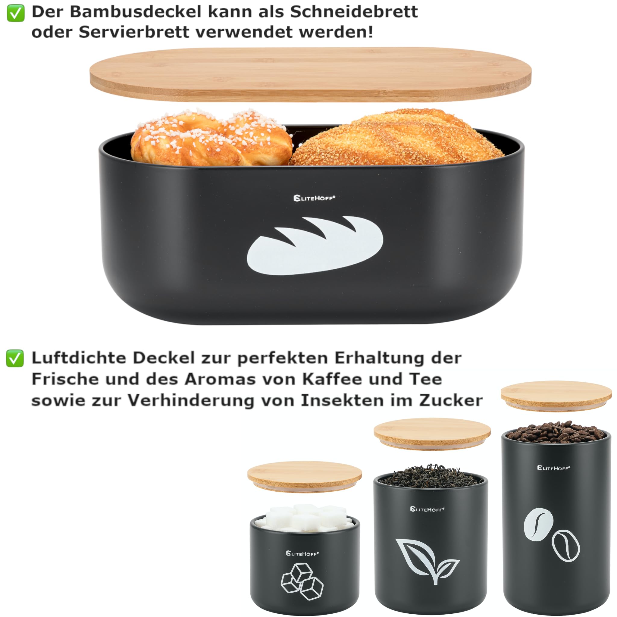 EliteHoff Brotkasten mit Schneidebrett + Vorratsdosen 3er Set (Kaffeedose Teedose Zuckerdose) oder Brotbox mit Butterdose | Brotkorb Metall Schwarz mit Bambusdeckel - 35x19x14cm (4er Set)